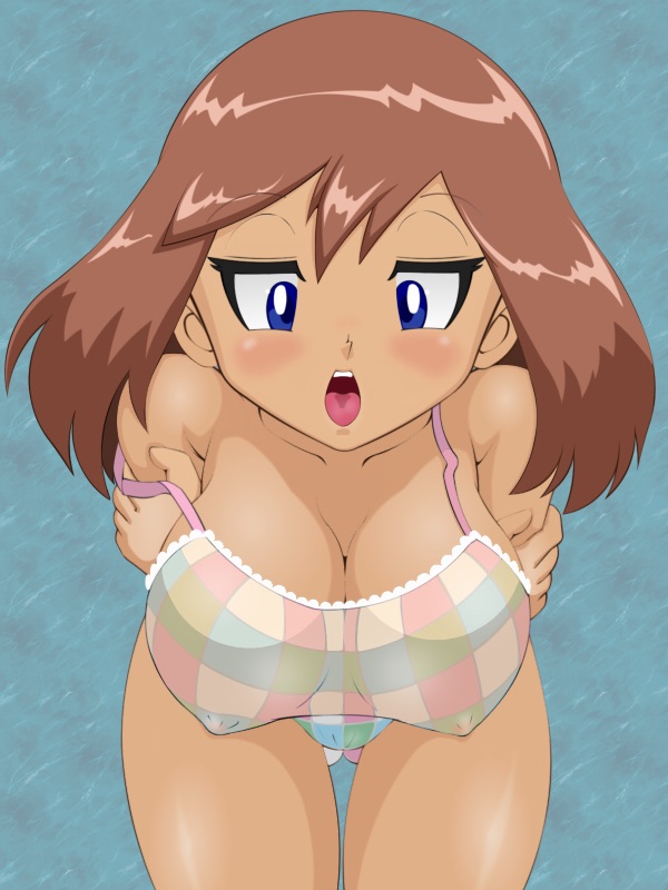bimbo, blush, breasts, busty, cleavage, erect nipples, female, female only, human, human only, may (pokemon), nipples, open mouth, pokemon, solo, tagme, voluptuous
