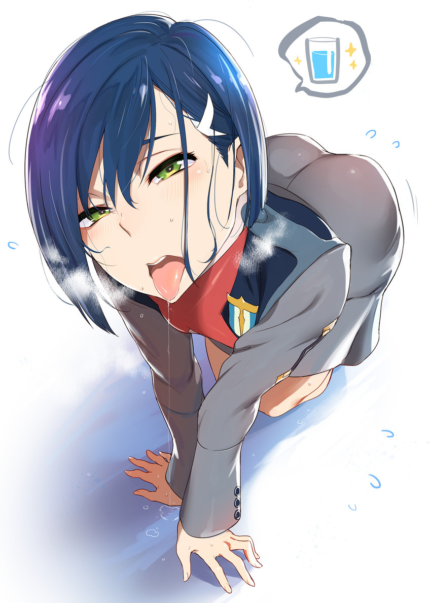 1girls, all fours, ass, blue hair, blush, clothed, darling in the franxx, drooling, female, female only, green eyes, heart, heart-shaped pupils, heavy breathing, ichigo (darling in the franxx), iku (ikuchan kaoru), looking at viewer, saliva, school uniform, short hair, solo, sweat, symbol-shaped pupils, tongue, tongue out