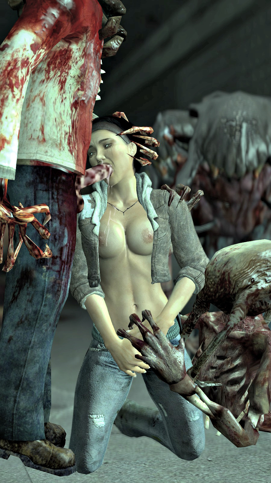 1girls 3d alyx_vance breasts clothing cum cum_in_mouth erect_penis erection female footwear garry's_mod half-life half-life_(series) half-life_2 handwear head_crab_zombie human human_female jewelry male maximko12 multiple_boys nipples oral outerwear penis rape straight tagme tears zombie zombie_boy zombies