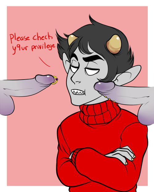 3boys black_hair cronus_ampora dialogue disembodied_penis folded_arms gay grey_skin homestuck horns kankri_vantas ms_paint_adventures open_mouth penis penis_piercing pointy_ears red_background sharp_teeth short_hair sweater text white_eyes