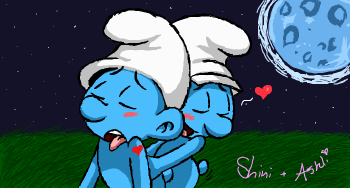 2boys anal_penetration anal_sex blue_skin blush cap closed_eyes color from_behind grass handy_smurf heart heart_tattoo hefty_smurf male male_only moon mouth mouth_open multiple_males no_visible_genitalia open_mouth outdoors pants_down round_ears skin tail the_smurfs tongue tongue_out yaoi