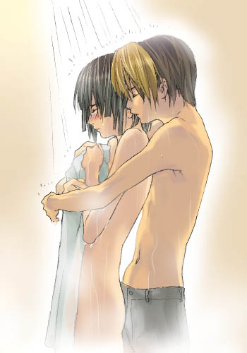 2boys akira_toya artist_request bath bathing black_hair blonde_hair blush closed_eyes closed_mouth clothed_male_nude_male couple hikaru_no_go hikaru_shindo human human_only male male_only multiple_boys multiple_males navel nude pants romantic shirtless short_hair shower towel two-tone_hair two_tone_hair wet wet_clothes wet_hair yaoi