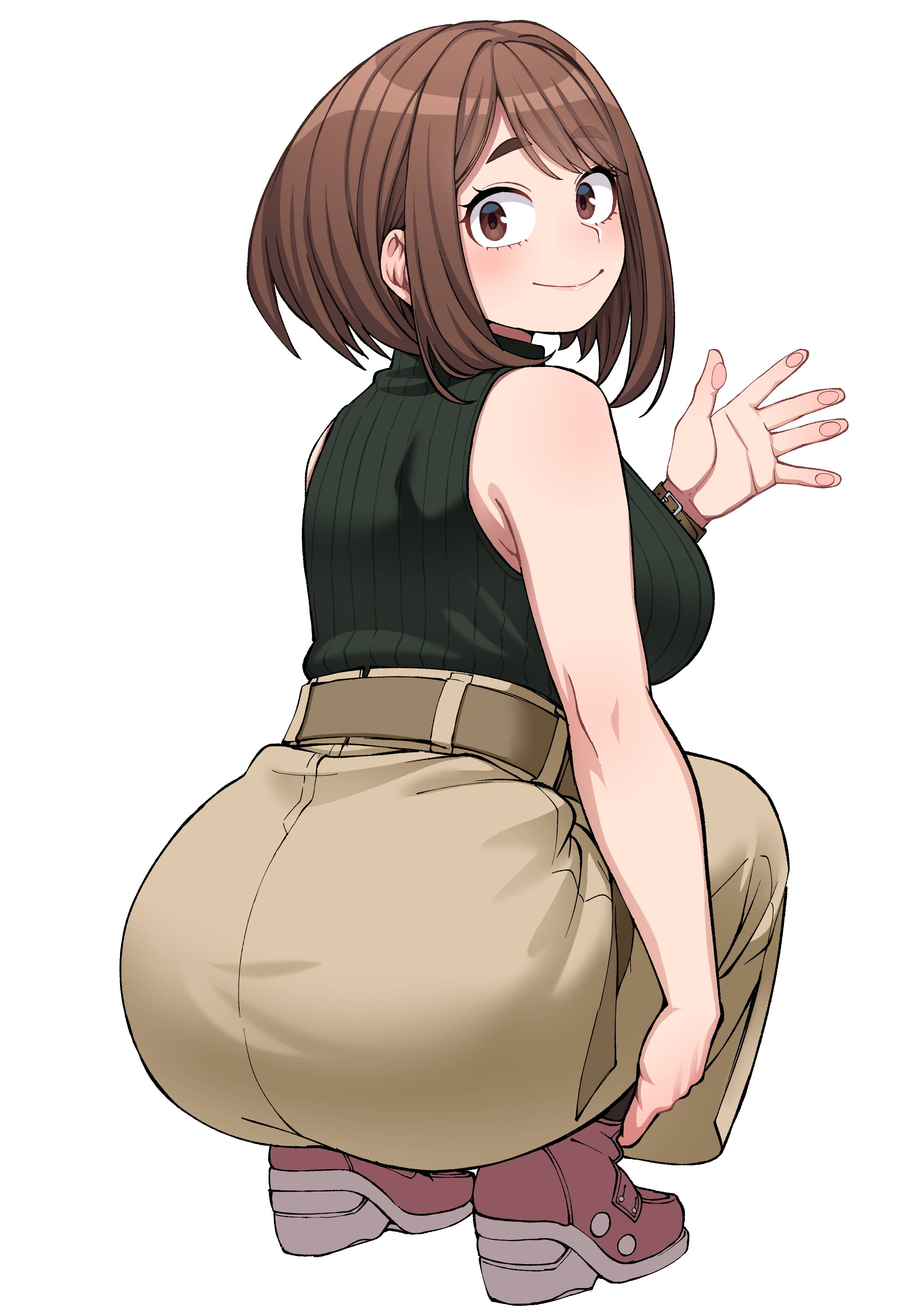 1girl, 1girls, absurdres, ass, belt, big ass, black sweater, blush, boku no hero academia, breasts, brown belt, brown eyes, brown hair, closed mouth, from behind, from side, highres, human, human female, kobaji, large breasts, looking at viewer, looking back, my hero academia, my hero academia (finale), ochako uraraka, post-timeskip, red shoes, shoes, short hair, simple background, sleeveless, sleeveless sweater, smile, solo, squatting, sweater, uraraka ochaco, uraraka ochako, white background