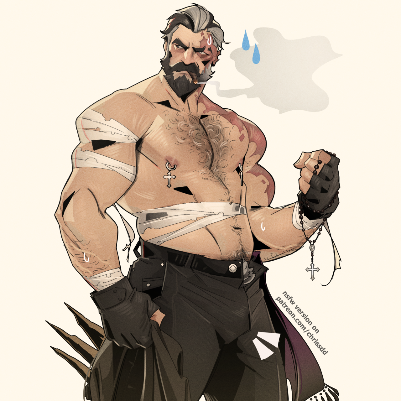 1boy, bandage, body hair, burn scar, chrissdd, daddy, deadlock, dilf, facial hair, gloves, greying hair, hairy, hairy chest, hairy male, happy trail, male, male focus, male only, manly, muscles, muscular, muscular male, nipple piercing, nipples, pants, pierced nipples, scar, shirtless, shirtless male, smoking, solo, solo focus, solo male, venator (deadlock)