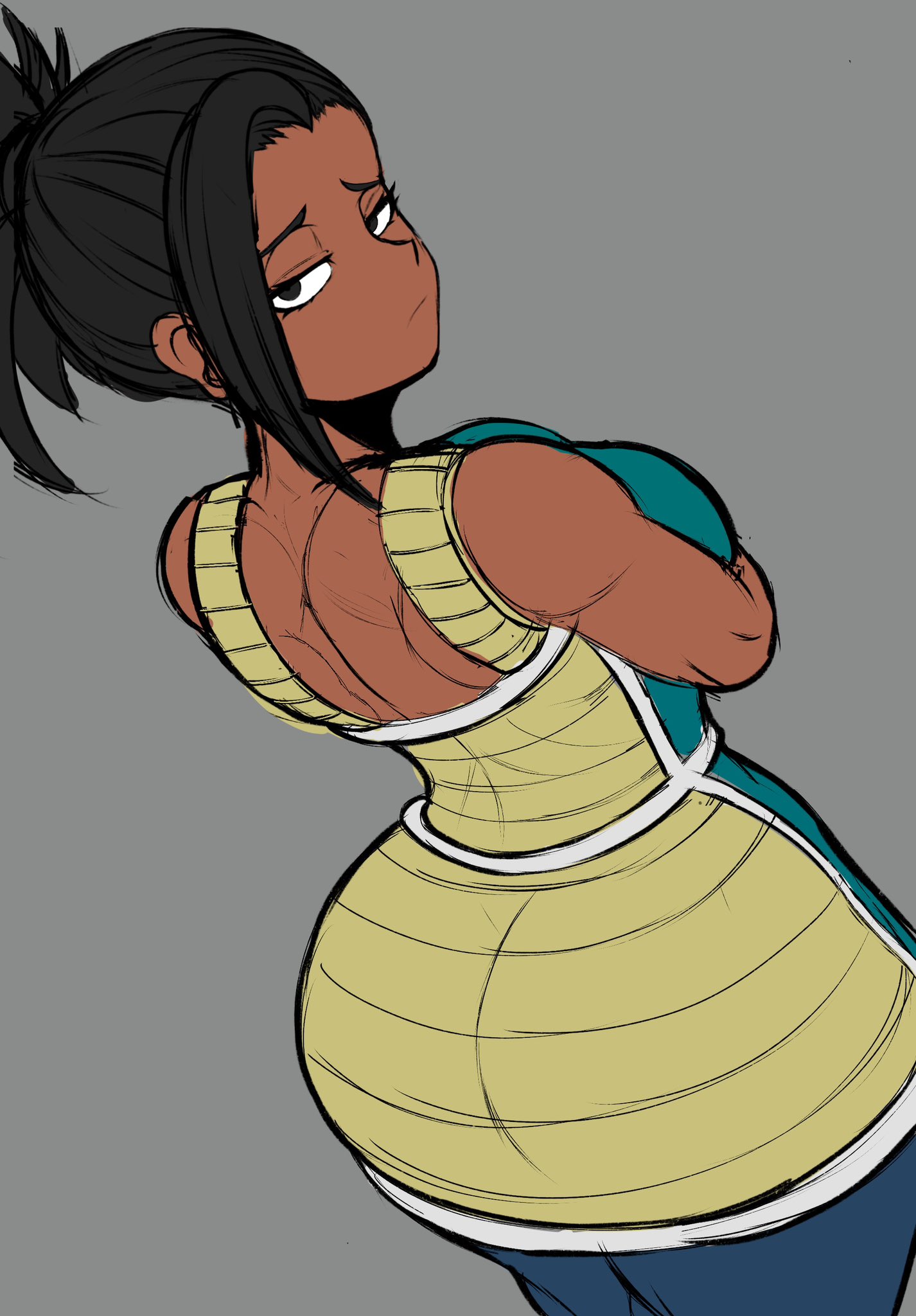 1girls, 2026, 2d, 2d (artwork), alien, alien girl, alien humanoid, ass, ass focus, big ass, big breasts, black eyes, black hair, breasts, bubble butt, clothed, clothed female, clothing, cosplay, dark skin, dark-skinned female, dragon ball, dragon ball super, eyelashes, female, female only, female saiyan, fit, fit female, from behind, gine (cosplay), hips, huge ass, kale, kwalker1009, large ass, looking at viewer, looking back, ponytail, saiyan, saiyan armor, saiyan female, shounen jump, simple background, solo, solo female, spiky hair, thick thighs, thighs, tight clothing, toei animation, voluptuous, voluptuous female, wide hips