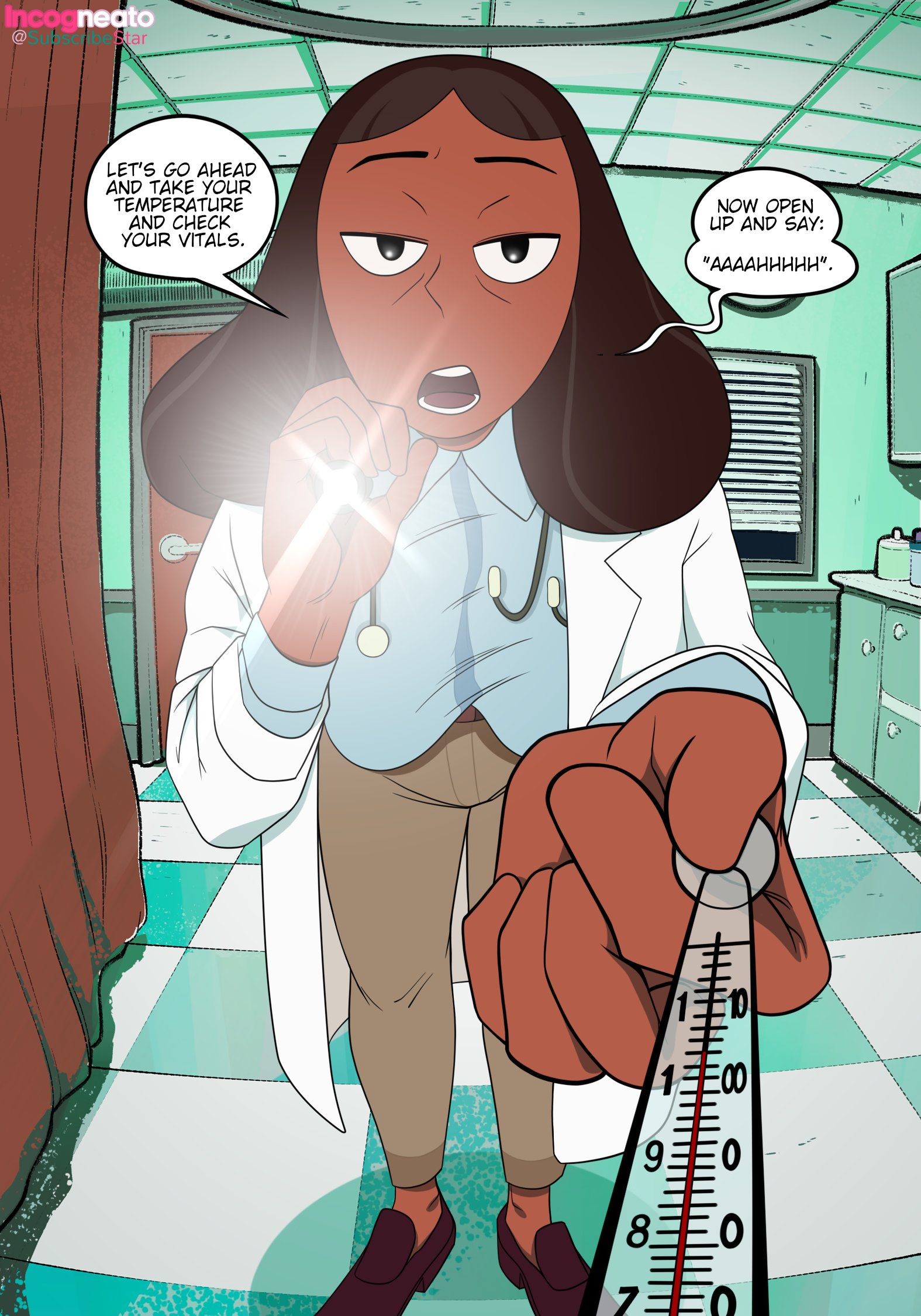 1girls, before sex, big breasts, breasts, cartoon network, coat, comic, dark skin, dark-skinned female, doctor, english, english dialogue, english text, female, full body, hag, hanging breasts, imminent sex, incogneato, large breasts, long hair, mature, mature female, mature woman, medical examination, milf, mommy, mother, open mouth, pants, point of view, pov, pov male, priyanka maheswaran, sagging, sagging breasts, saggy boobs, saggy breasts, shoes, steven universe, text, text bubble, voluptuous, voluptuous female, white coat