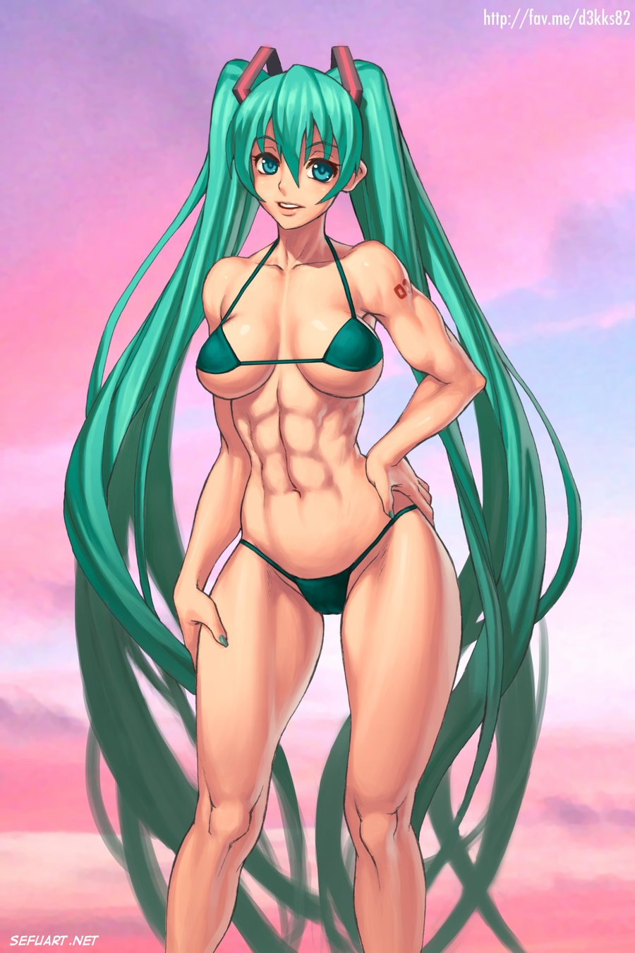 1girls abs alluring athletic_female bikini breasts female_abs fit_female hand_on_hip hatsune_miku long_hair miku_hatsune nail_polish naughty_face navel sefuart sega smile tattoo turquoise_eyes turquoise_hair twintails vocaloid