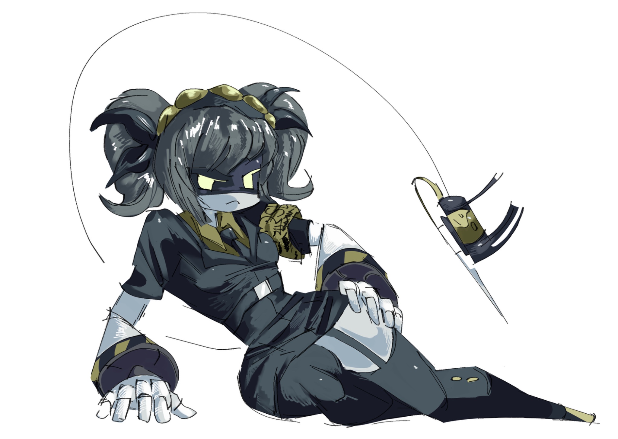 1girls, angry, angry expression, bangs, black clothing, breasts, clothed, clothing, female, female focus, female only, fully clothed, fully clothed female, glitch productions, hand on floor, hand on hip, hi res, highres, humanoid, j (murder drones), legs, lying, murder drones, needle, not porn, pencil skirt, pigtails, robot, robot girl, robot humanoid, robot joints, screen face, sexlessdemons, sfw, silver hair, simple background, skirt, tail, thin waist, tie, visor, white body, yellow eyes