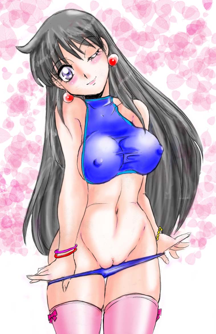 bishoujo_senshi_sailor_moon black_hair blush clothing color erect_nipples erect_nipples_under_clothes female female_only front_view human long_hair medium_breasts panties rei_hino solo standing stockings tagme takeshi_aono vulva wink