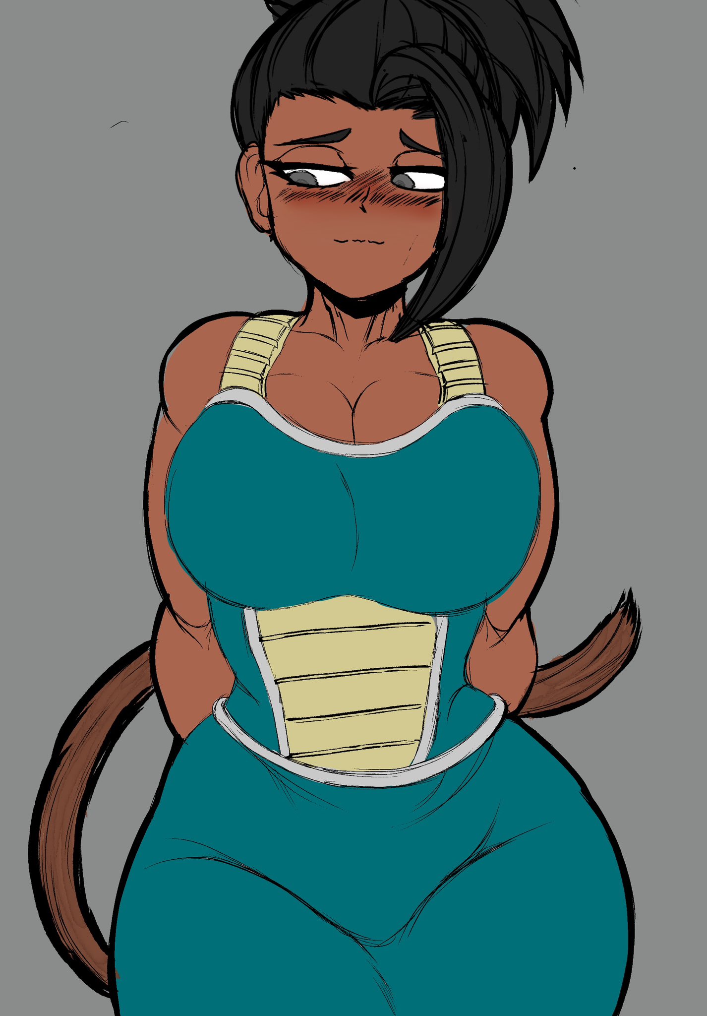 1girls, 2026, 2d, 2d (artwork), alien, alien girl, alien humanoid, alternate view, big breasts, black hair, blush, blush lines, blushing, breasts, breasts focus, cleavage, clothed, clothed female, clothing, cosplay, dark-skinned female, dragon ball, dragon ball super, eyelashes, female, female only, fit, fit female, front view, gine (cosplay), hips, kale, kwalker1009, legendary super saiyan, looking away, ponytail, saiyan, saiyan armor, saiyan female, saiyan tail, shounen jump, simple background, solo, solo female, spiky hair, tail, thick thighs, thighs, tight clothing, toei animation, voluptuous, voluptuous female, wide hips