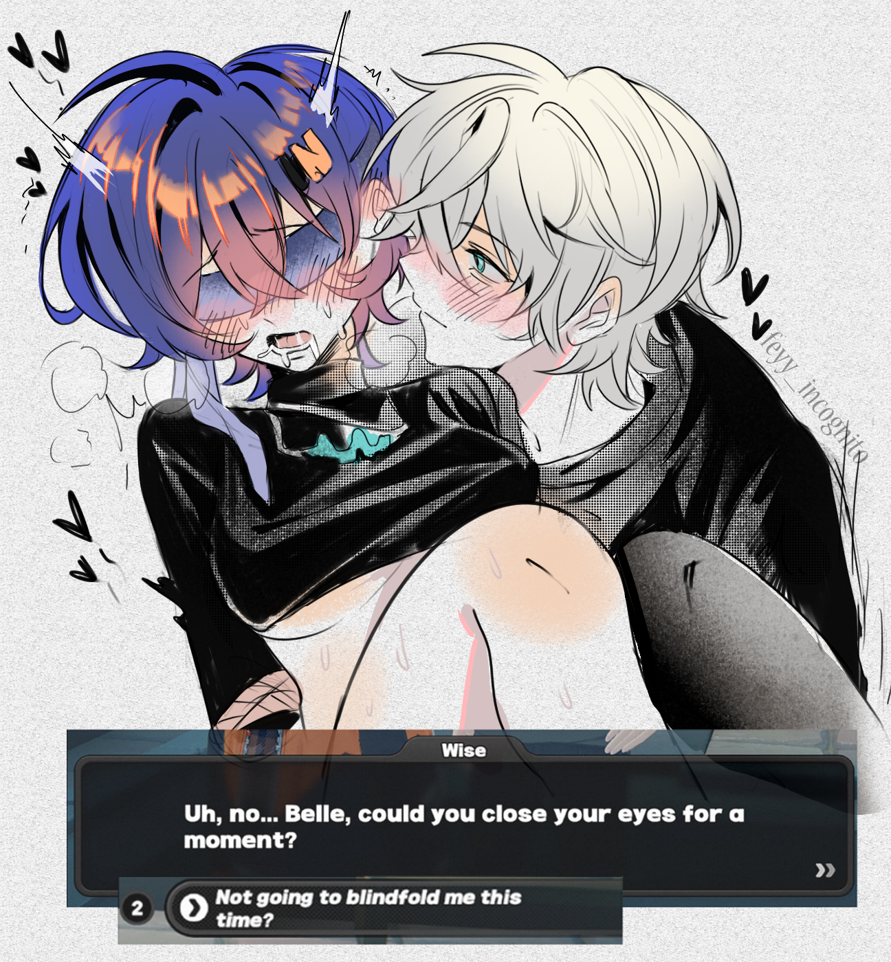 1boy, 1girls, belle (zenless zone zero), blindfold, blue hair, blush, bondage, breath cloud, brother and sister, dark blue hair, english text, feyy, game ui, green eyes, grey hair, hairclip, heavy breathing, highres, hoyoverse, implied incest, incest, light skin, light-skinned female, light-skinned male, looking at partner, medium breasts, mihoyo, older brother, open mouth, shirt lift, text, underboob, wise (zenless zone zero), younger sister, zenless zone zero