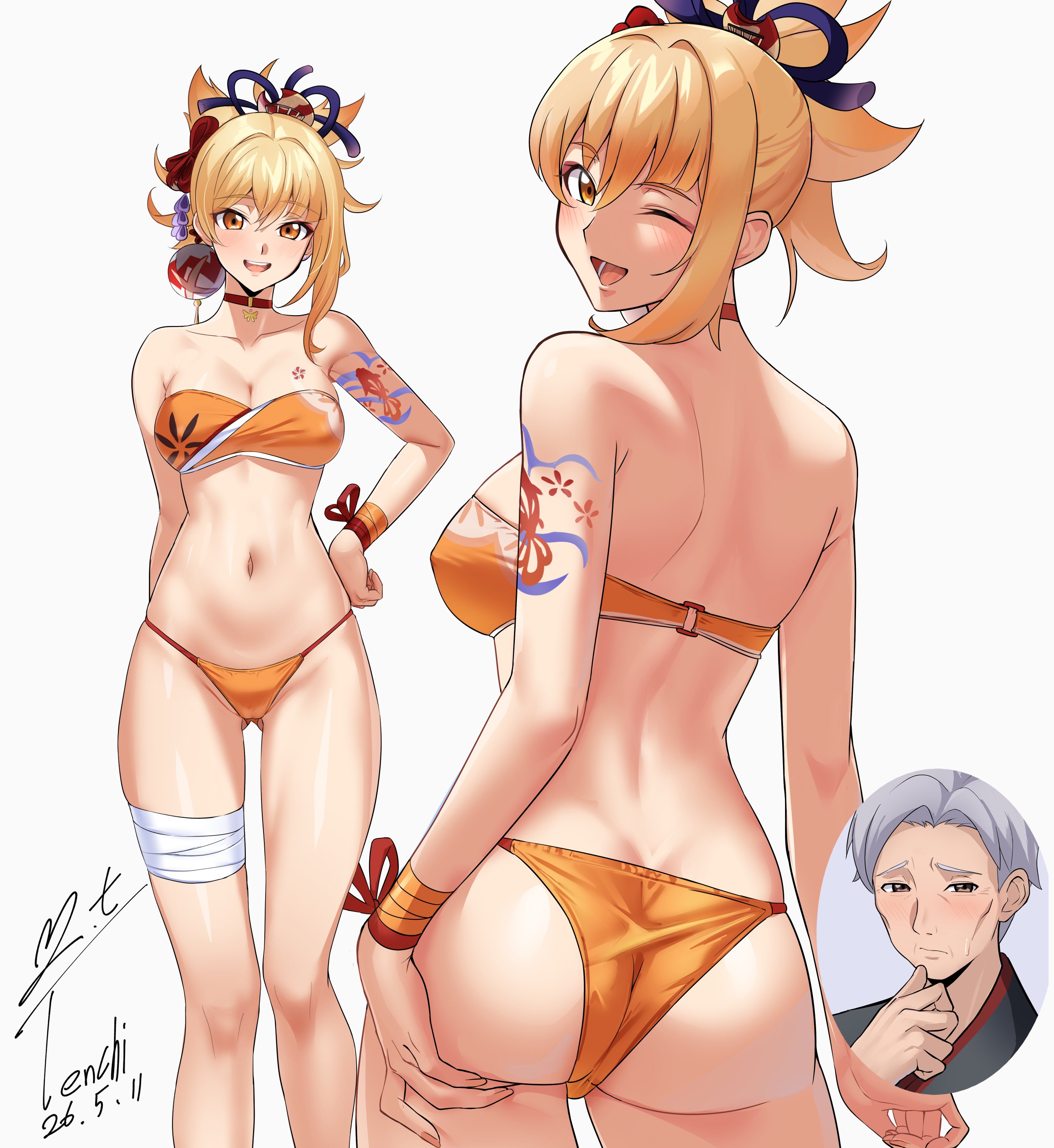 1girls, alternate costume, back, back view, bikini, bikini bottom, bikini top, blonde hair, bra, father and daughter, female, female focus, front view, genshin impact, high resolution, highres, hoyoverse, looking at viewer, looking back, looking back at viewer, medium breasts, mihoyo technology (shanghai) co. ltd., naganohara ryuunosuke, npc, npc (genshin impact), one eye closed, orange bikini, orange bikini bottom, orange bikini top, orange eyes, orange nails, orange swimsuit, simple background, slim girl, smiling, smiling at viewer, standing, swimsuit, tattooed arm, thong, thong bikini, two piece swimsuit, white background, yoimiya (genshin impact), young, younger female