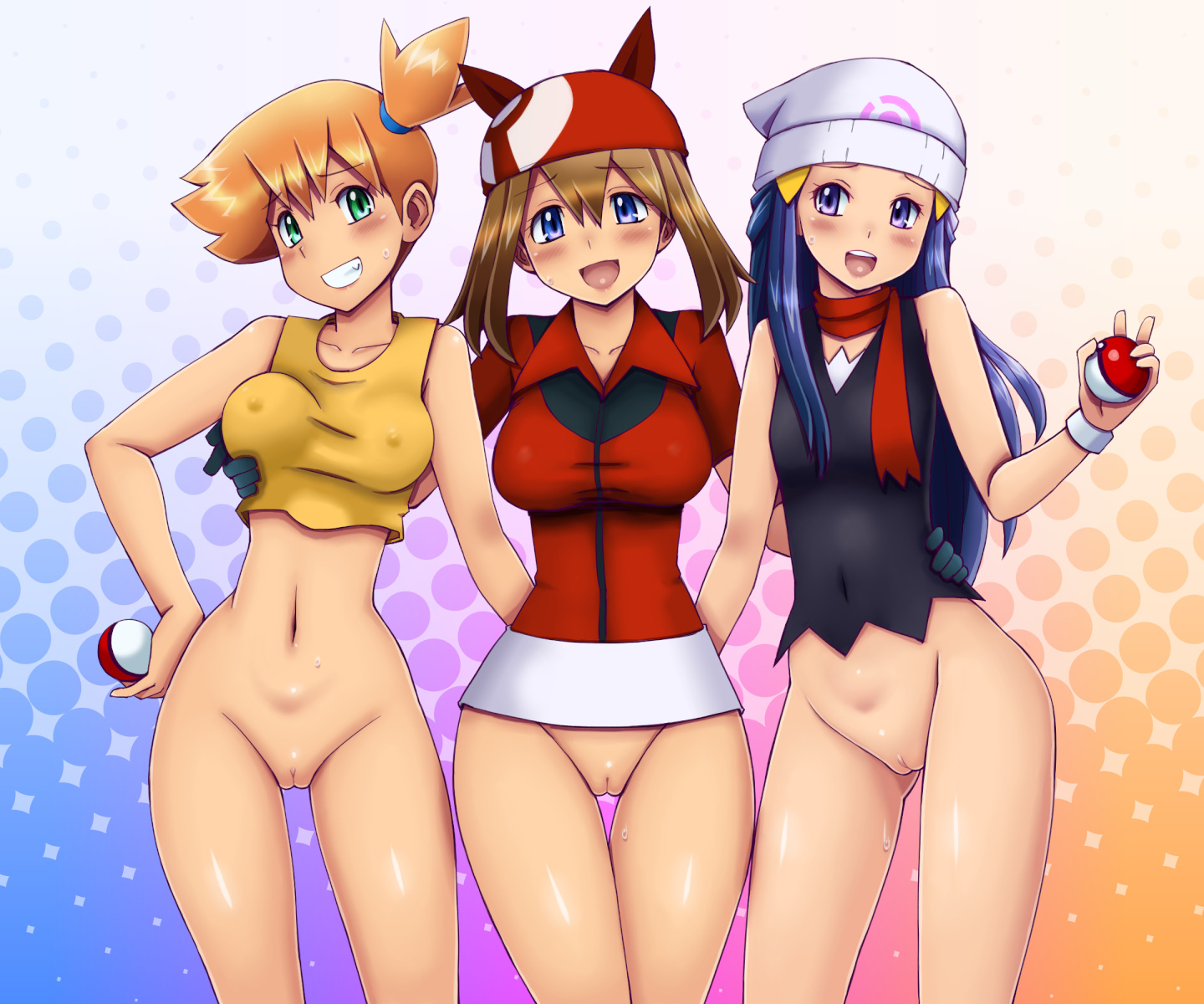 3girls, asymmetrical hair, bandana, bare shoulders, beanie, blue eyes, blue hair, blush, bottomless, breast grab, breasts, brown hair, busty, clothing, covered navel, dawn (pokemon), female, female only, gloves, grabbing, grabbing another's breast, green eyes, grin, groping, group, hand on hip, hand on own hip, hat, headwear, holding, holding object, impossible clothes, impossible shirt, kasumi (pokemon), large breasts, long hair, looking at viewer, may (pokemon), medium breasts, misty (pokemon), multiple girls, navel, neckwear, open mouth, open-mouth smile, orange hair, pokemon, ponytail, purple eyes, red neckwear, red scarf, scarf, shirt, short hair, side ponytail, sleeveless, sleeveless shirt, small breasts, smile, take your pick, thigh gap, thighs, tied hair, tsumitani daisuke, vagina, yellow shirt