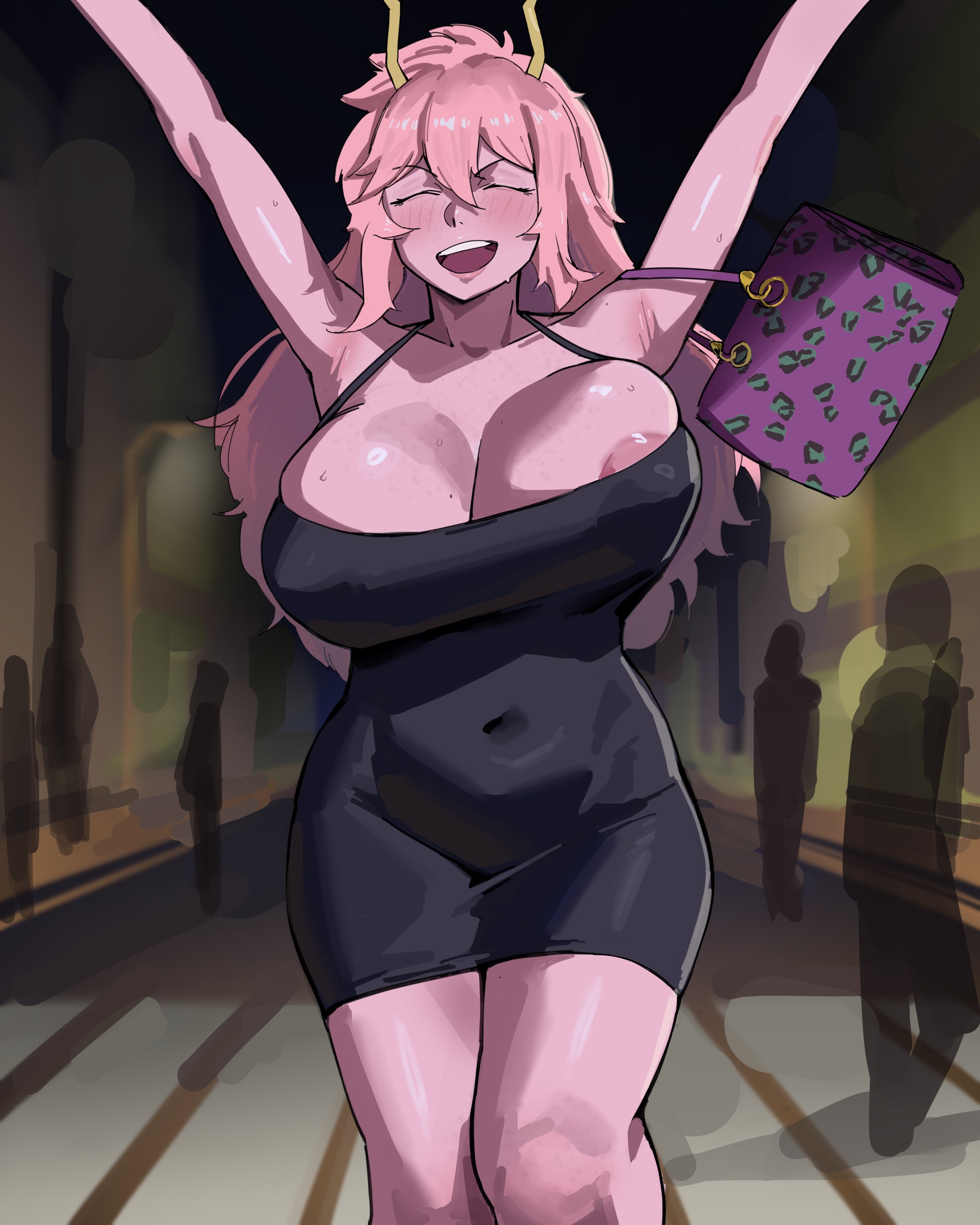 1girl, 1girls, absurdres, adult mina, aged up, alternate breast size (larger), areola slip, ashido mina, ashido mina time-skip, big ass, black dress, black sclera, boku no hero academia, breasts, closed eyes, colored sclera, colored skin, commentary, covered navel, dress, duplicate, highres, horns, hourglass figure, huge breasts, kartistry, long hair, mina ashido, mina ashido time-skip, my hero academia, my hero academia (finale), open mouth, outdoors, pink hair, pink skin, post-timeskip, slim waist, smile, solo, standing, thick thighs, thighs, tight clothes, tight dress, wide hips, yellow horns