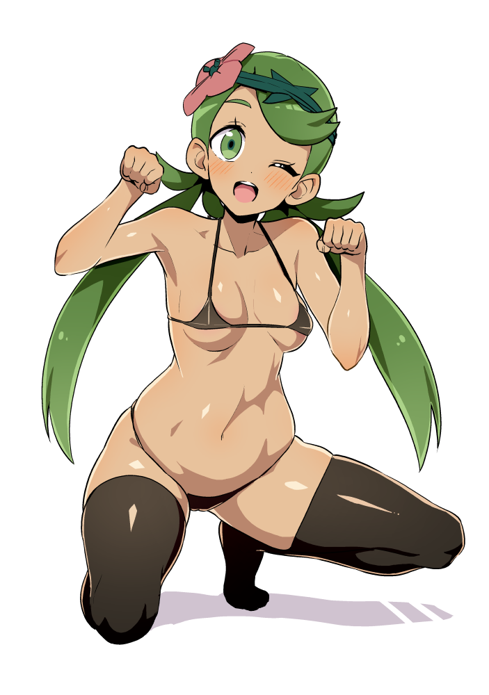 1girls bikini female female_focus female_only flower flower_in_hair game_freak green_eyes green_hair legwear mallow_(pokemon) micro_bikini nintendo one_eye_closed pokemon pokemon_(game) pokemon_sm solo thighhighs thighs tottotonero twintails