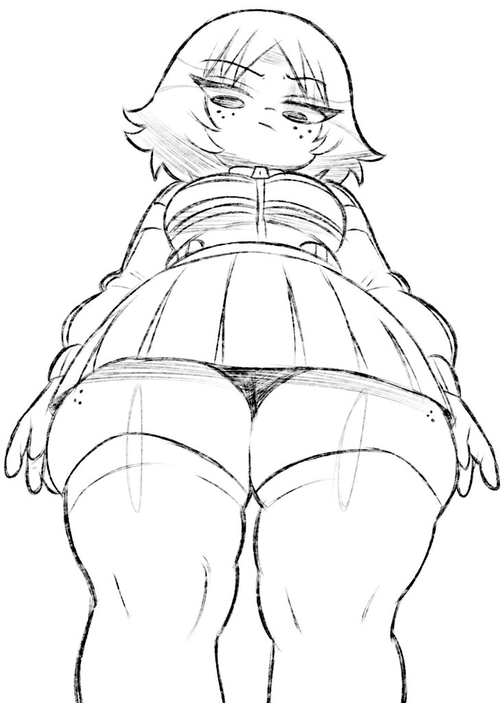 1girls, annoyed, big ass, big breasts, breasts, clothing, cute, female, freckles, funny, huge ass, huge breasts, huge thighs, human, kim pine, light skin, light-skinned female, looking at viewer, looking down, looking down at viewer, looming, looming over, pencil (artwork), scott pilgrim, short hair, sketch, skirt, smirk, solo, solo female, thick thighs, thighhighs, tight clothing, valerie skg, voluptuous, voluptuous female, wide hips, wide thighs