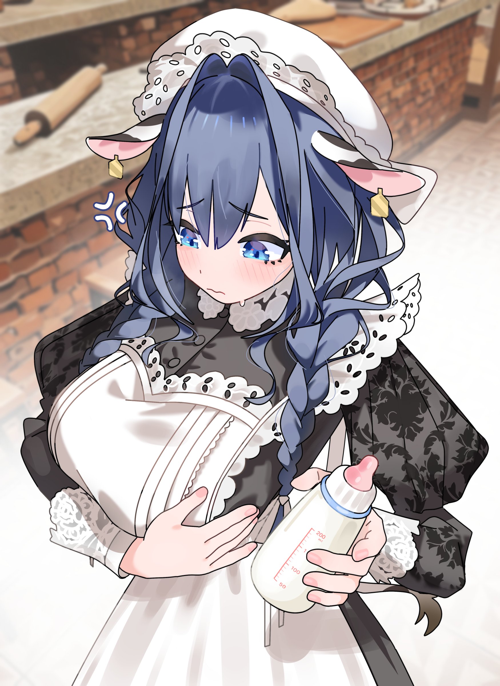 1girls, absurdres, animal ears, apron, baby bottle, black dress, blue eyes, blue hair, blush, bottle, bovine ears, bovine tail, braid, breasts, commentary, cow ears, cow tail, dress, english commentary, gurumie, hair intakes, hat, highres, holding, holding bottle, hololive, hololive english, implied breast milk, large breasts, looking at viewer, maid, maid apron, milk, milk bottle, milk in container, official alternate costume, official alternate hairstyle, ouro kronii, ouro kronii (maid), solo, twin braids, virtual youtuber, white hat