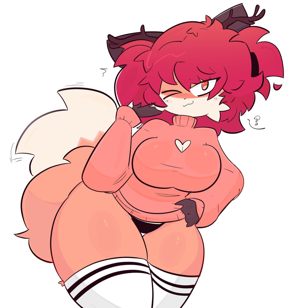 1girl, 1girls, big breasts, breasts, cufowo, cute, cute face, female, female focus, female only, legs, orange eyes, orange sweater, panties, pussy, red hair, socks, tail, thighs