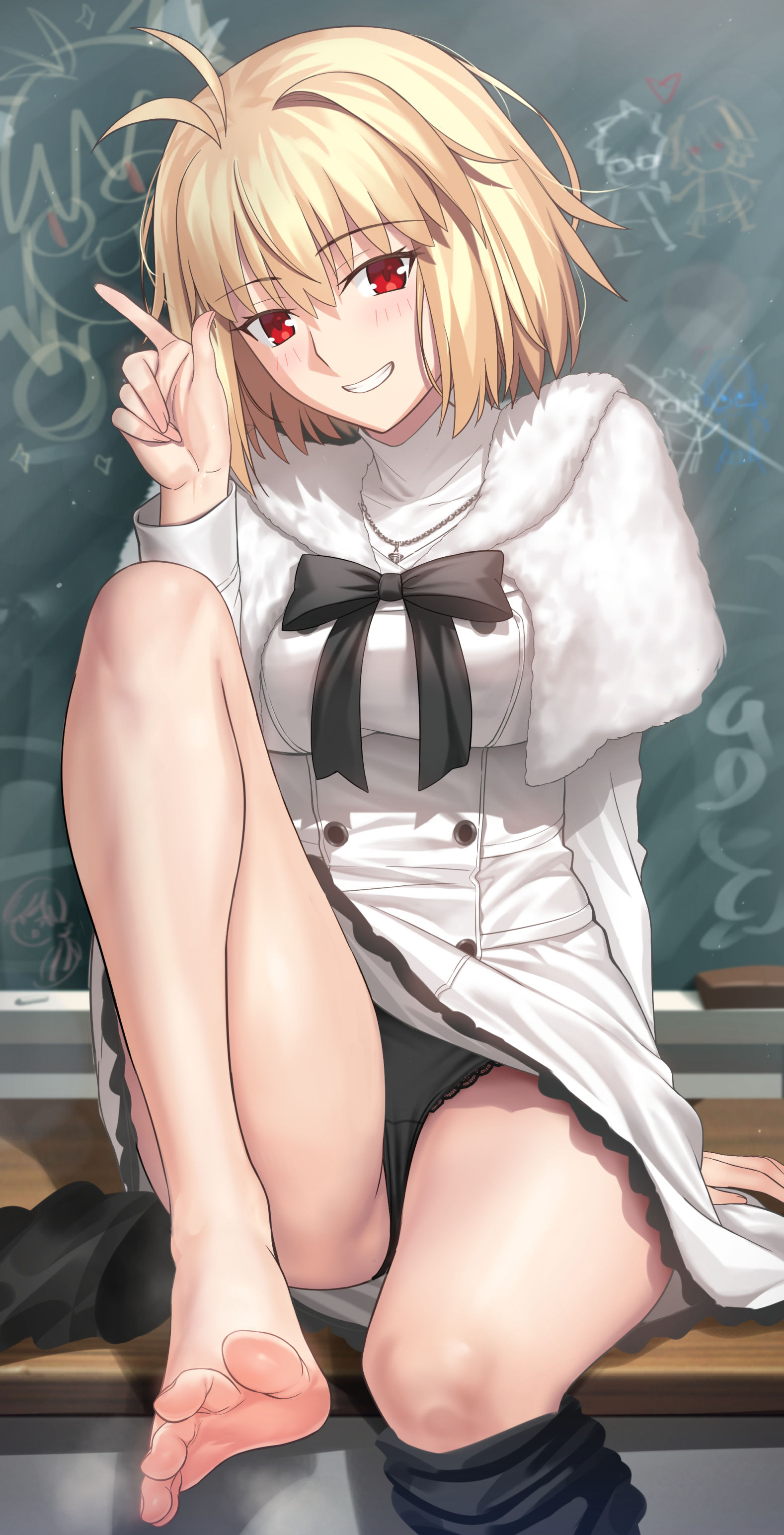1girl, absurdres, arcueid brunestud, barefoot, besmiled, black panties, black pantyhose, blonde hair, blush, bow, bowtie, breasts, capelet, chalkboard, dress, feet, foot out of frame, grin, highres, jewelry, knee up, large breasts, legs, long sleeves, looking at viewer, necklace, official alternate costume, panties, pantyhose, red eyes, short hair, sitting, smile, solo, spread toes, thighs, toes, tsukihime, tsukihime (remake), underwear, white capelet, white dress