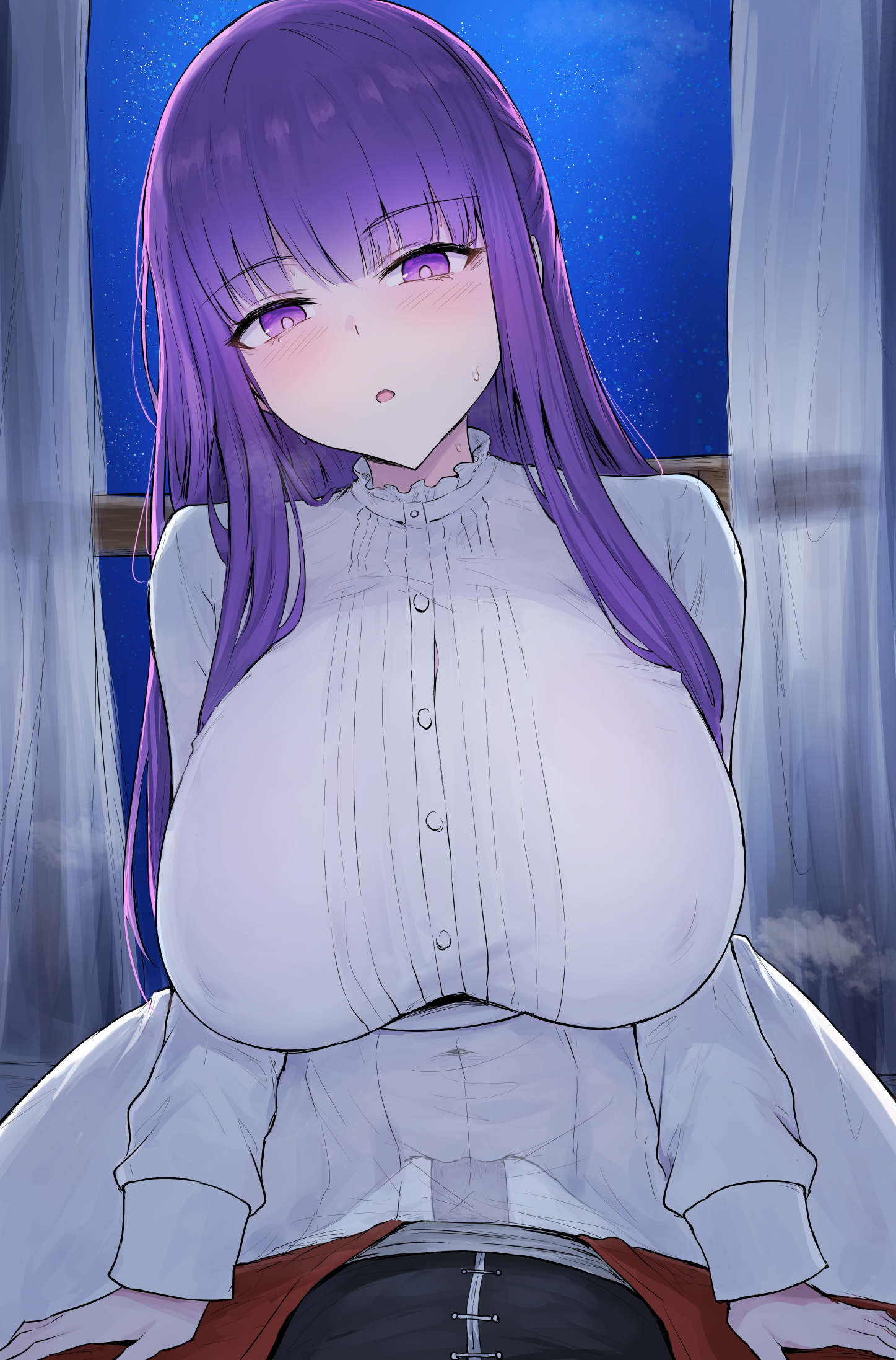 1boy, 1girls, big breasts, blush, breasts, clothed, clothed sex, cowgirl position, female, female on top, fern (sousou no frieren), hourglass figure, huge breasts, human, human female, human male, large breasts, light-skinned female, long hair, looking at viewer, looking pleasured, night, night sky, penetration, penis, pov, purple eyes, purple hair, sakiya, sex, slim waist, sousou no frieren, stark (sousou no frieren), straddling, thick thighs, translucent clothing, vaginal penetration