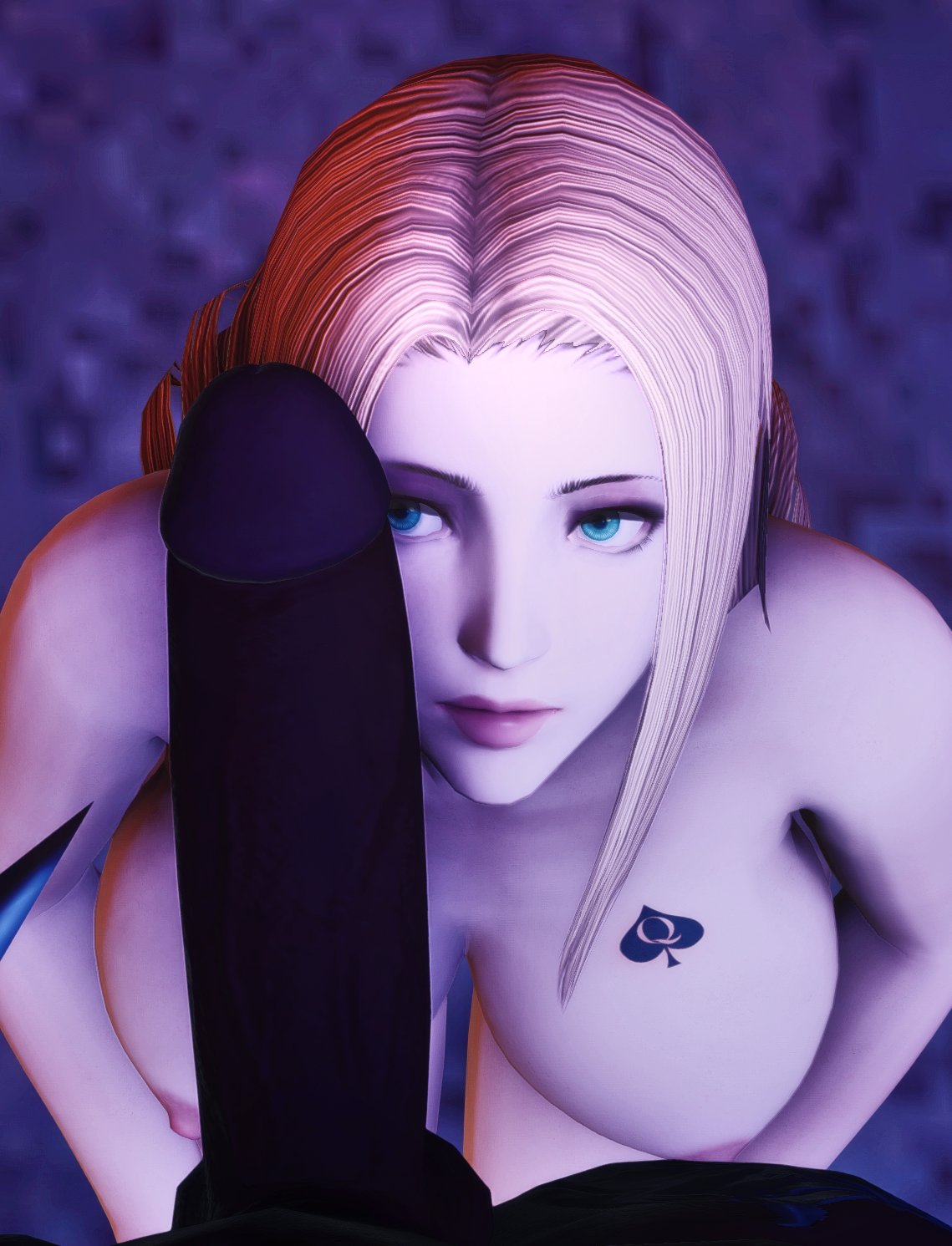 3d, artist request, balls, blonde female, blonde hair, blue eyes, breasts, busty, choker, dark skin, dark-skinned male, female, female focus, final fantasy, final fantasy xiv, gpose (ffxiv), huge balls, huge breasts, huge cock, hyur, interracial, larger male, light skin, light-skinned female, male, male/female, melanie (ffxiv), pale skin, pale-skinned female, penis, penis on face, qos, qos tattoo, queen of spades, smaller female, source request, spade tattoo