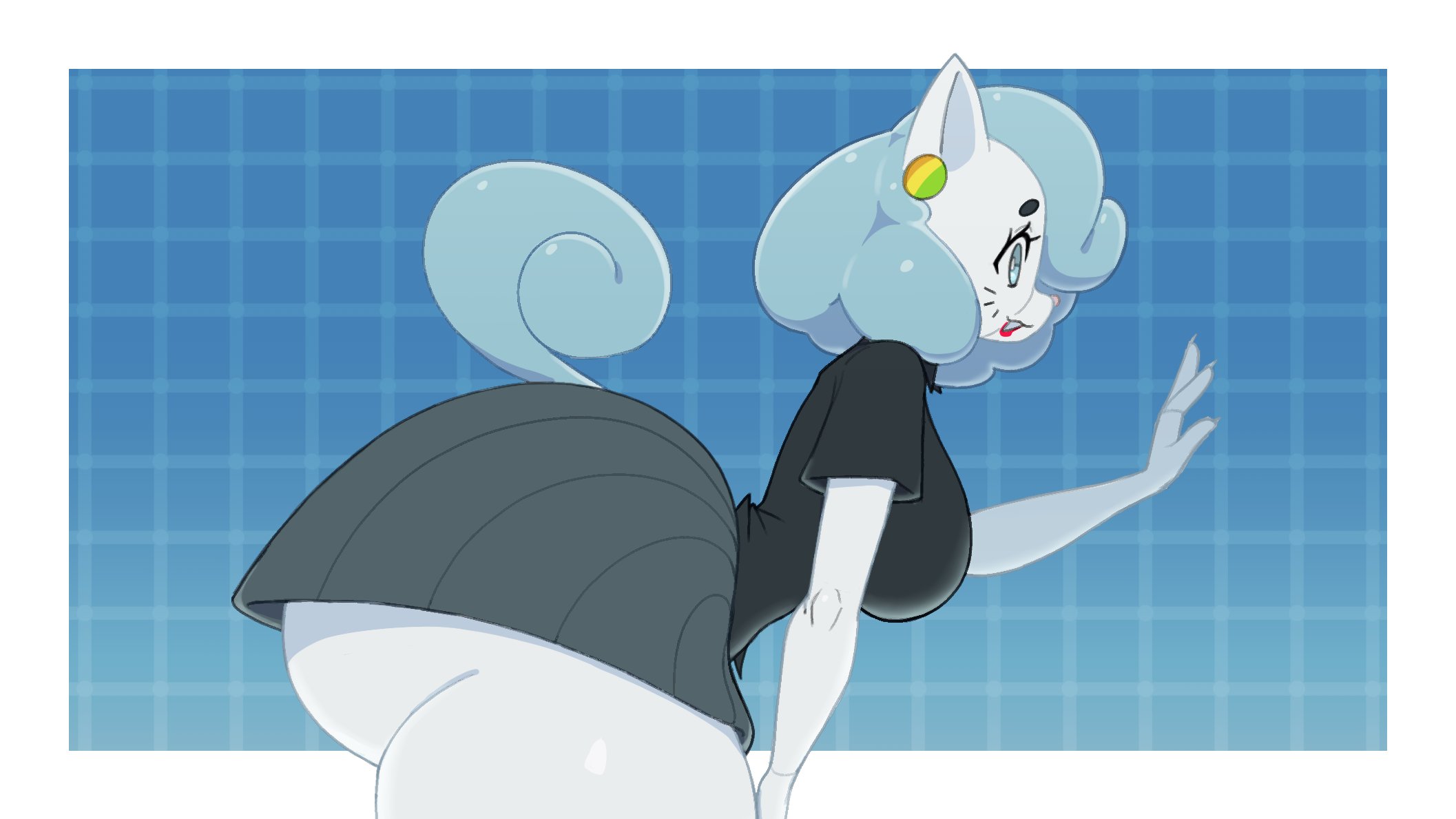 1girls, animal ears, animal tail, anthro, big ass, black shirt, blue eyes, blue hair, cat ears, cat tail, feline, female, female only, fusion, fusion character, grey skirt, hair, hair ornament, huge ass, large ass, lips, lipstick, mature, mature female, mature woman, milf, mother, nerobero0, nicole watterson, nicole watterson (anime), nicoshida, open mouth, red lips, red lipstick, short hair, side view, sideboob, skirt, tail, the amazing world of gumball, the wonderfully weird world of gumball, whiskers, white body, white hair, white skin, yuki yoshida