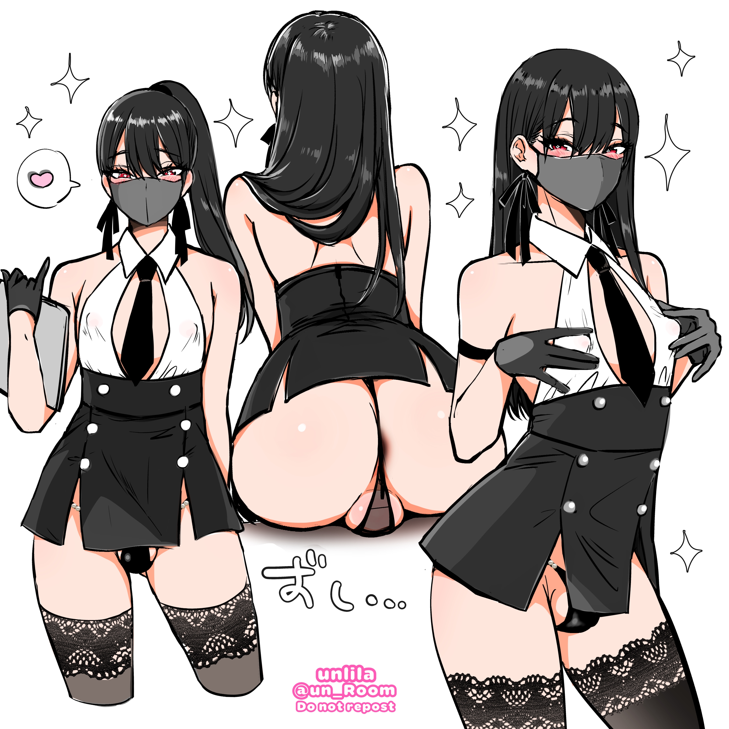 1boy, androgynous, anus, ass, back, backless, backless dress, backless outfit, bent over, black dress, black gloves, black hair, black mask, black necktie, black panties, black thighhighs, black thong, black thong panties, black underwear, bow earrings, buttons, choppy bangs, clothing cutout, collared dress, cowboy shot, crossdressing, crotch seam, earrings, ears, eyebrows visible through hair, femboy, feminine male, girly, gloves, hair between eyes, hand on chest, heart symbol, holding, holding object, holding tablet, lace-trimmed thighhighs, long hair, looking at viewer, male, male focus, male only, mask, multicolored dress, multiple views, nagano rira, necktie, nipple bulge, nipple tweak, nipples, nipples visible through clothing, original, panties, ponytail, portrait, red eyes, short dress, sidelocks, simple background, sleeveless, sleeveless dress, solo, solo male, speech bubble, standing, straight hair, tablet, testicles, thighhighs, thong, thong panties, twitter username, two-tone dress, underwear, username, very high resolution, viewed from behind, viewed from front, white background, white dress