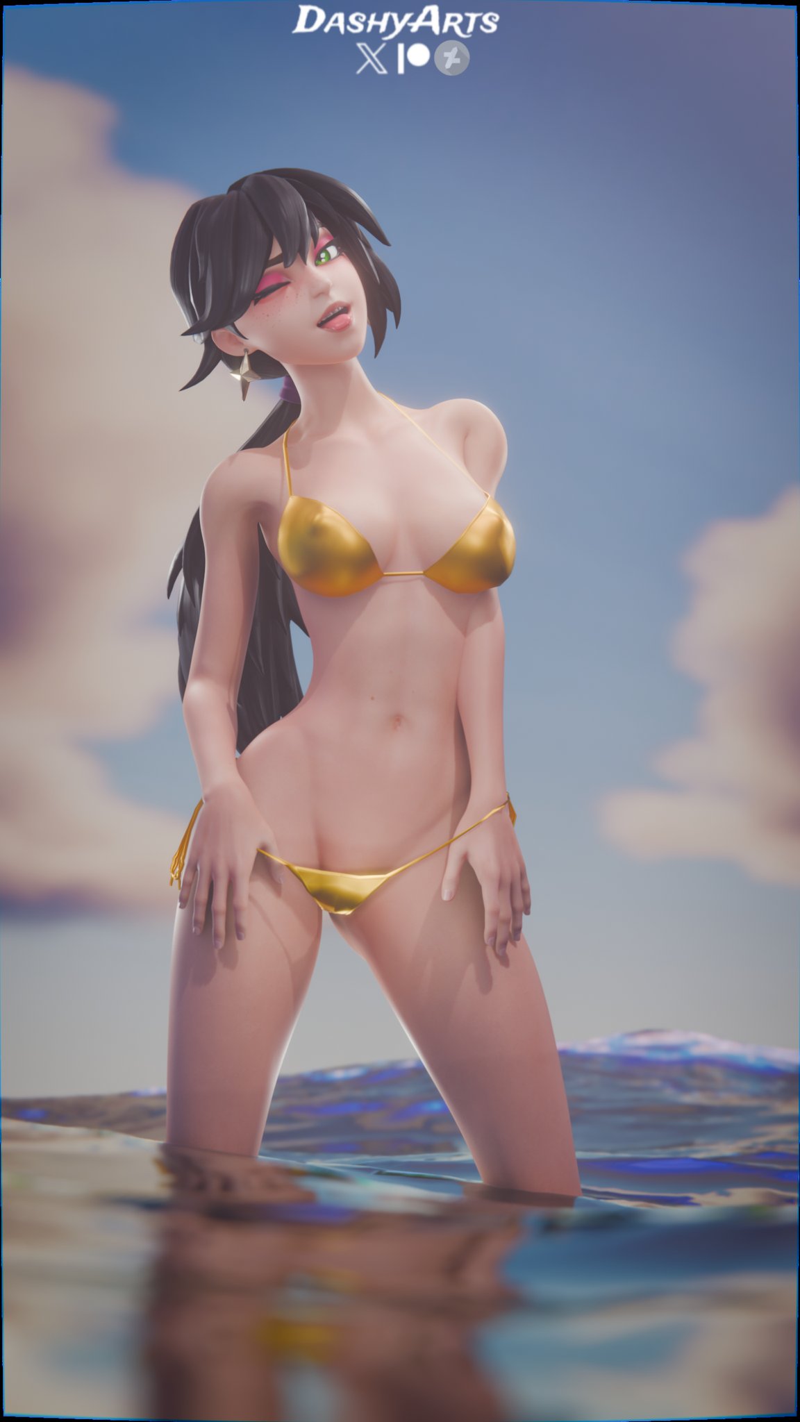 ;), 1girls, 2026, 3d, 3d (artwork), bikini, bikini bottom, bikini top, black hair, blender, bra, breasts, cleavage, dashyarts, epic games, female, female focus, female only, fortnite, fortnite: battle royale, freckles, freckles on face, green eyes, helsie (fortnite), helsie midnight (fortnite), hi res, high quality, high resolution, highres, light skin, light-skinned female, looking at viewer, medium breasts, ocean, one eye closed, panties, petite, petite body, petite female, pool, showing off, slim waist, small breasts, smile, smiling, standing, tagme, water, watermark, wink, winking, winking at viewer