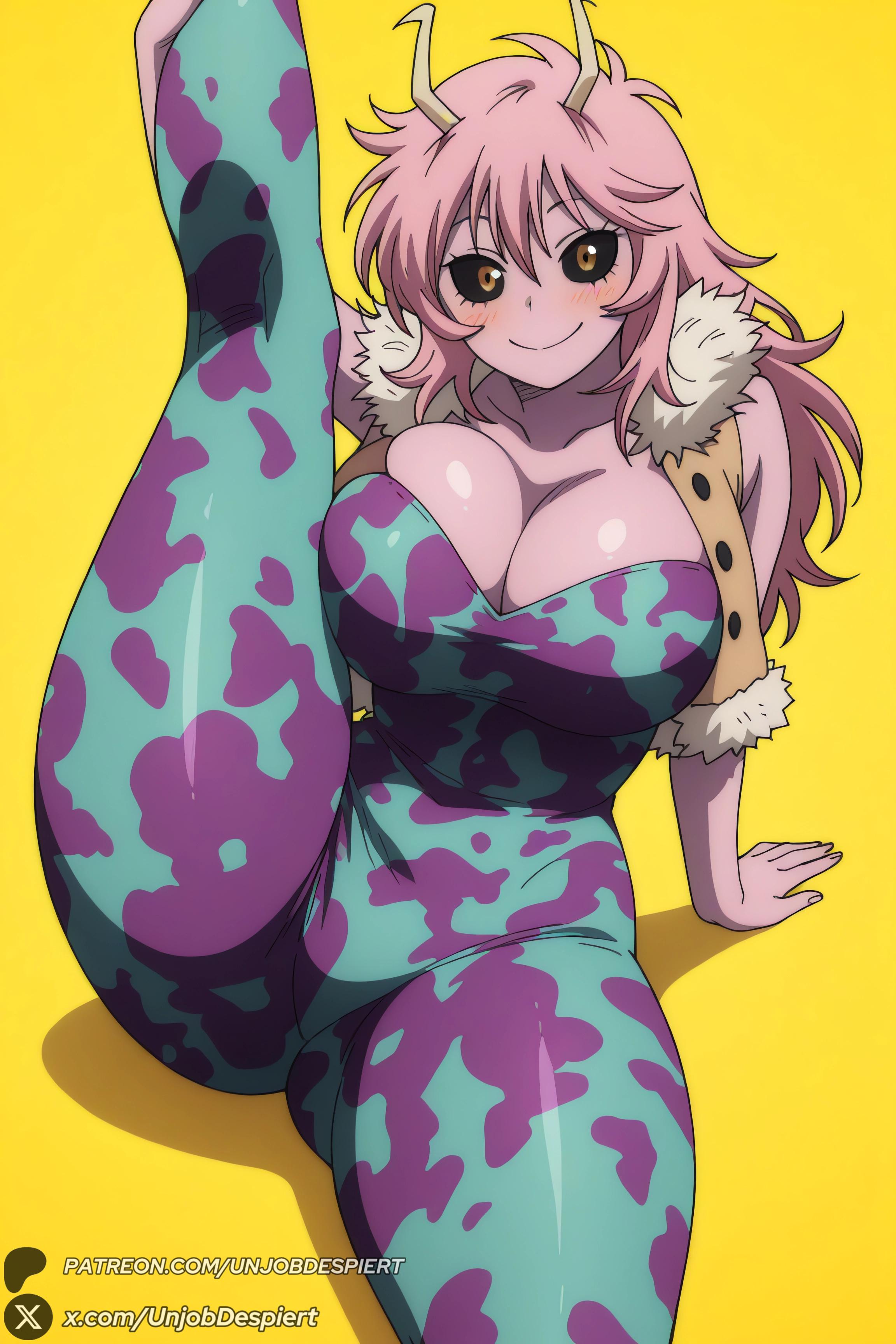 1female, 1girl, 1girls, 2026, ai generated, artist name, ashido mina, big ass, big breasts, black sclera, blush, bodysuit, boku no hero academia, breasts, cleavage, colored sclera, colored skin, curvy, female, female only, fur trim, hi res, high quality, high resolution, highres, horns, huge ass, huge breasts, large breasts, leg up, long hair, looking at viewer, mina ashido, my hero academia, patreon, patreon username, pink hair, pink skin, pink-haired female, simple background, sitting, smile, solo, split, thighs, unitard, unjobdespiert, vest, watermark, web address, yellow background, yellow eyes