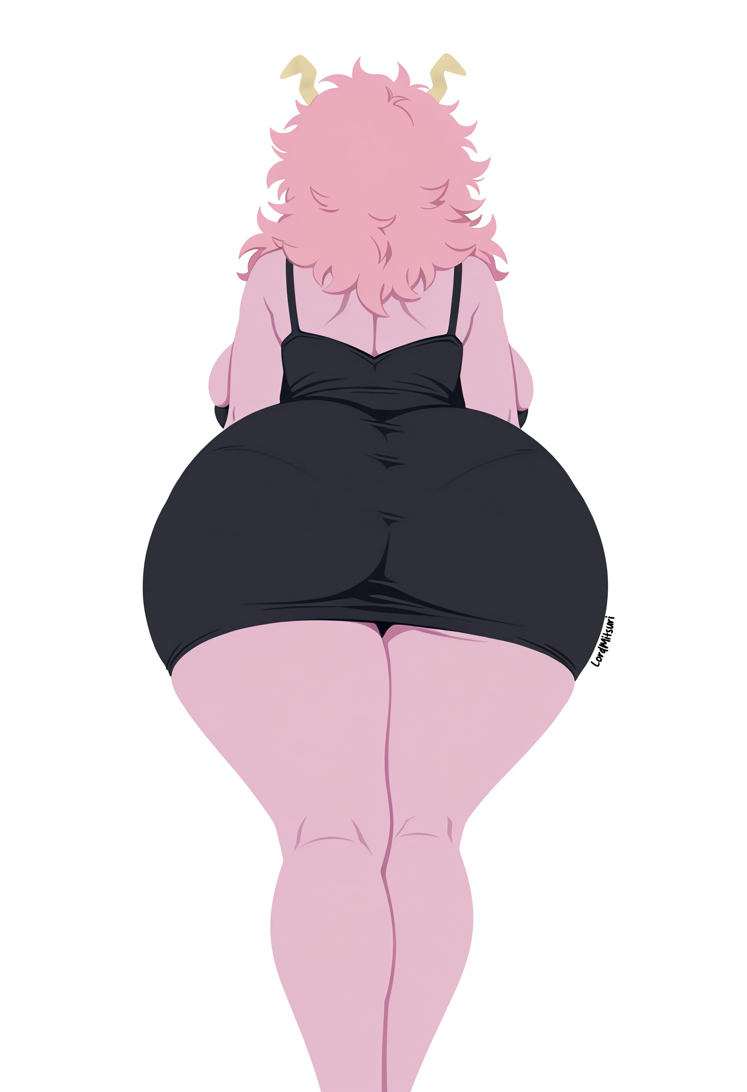 1girls, ass, ass focus, black dress, colored skin, dress, from behind, horns, huge ass, long hair, lordmitsuri, mina ashido, mina ashido curvy (meme), mina ashido time-skip, my hero academia, my hero academia (finale), pantylines, pink body, pink hair, pink skin, post-timeskip, solo