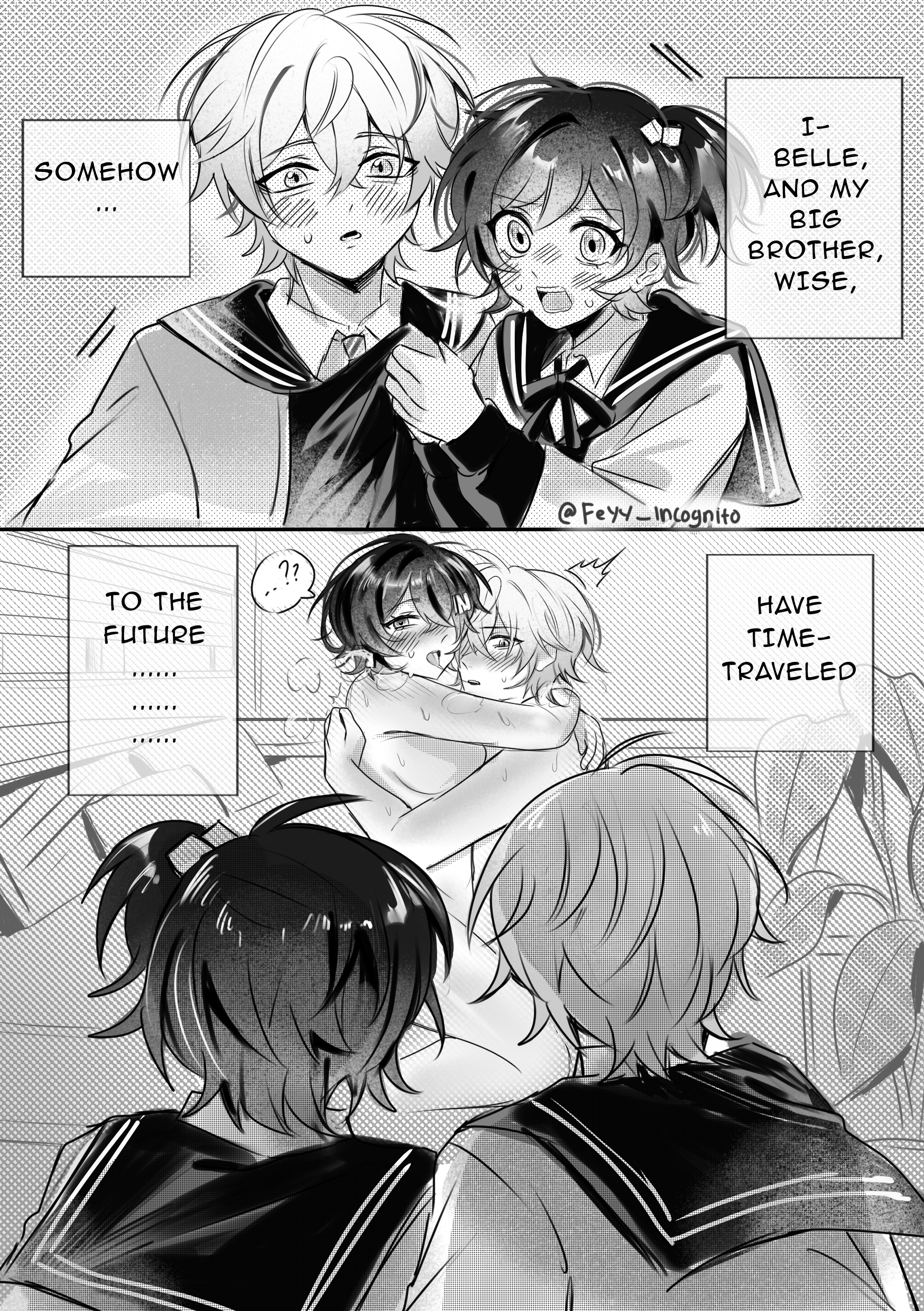 ?, 2boys, 2girls, 2koma, after kiss, belle (zenless zone zero), black and white, breath cloud, brother and sister, caught, caught in the act, english text, feyy, french kiss, future, heavy breathing, highres, hoyoverse, hugging, incest, kissing, looking at another, medium breasts, mihoyo, monochrome, nude, nude female, nude male, saliva string, saliva trail, school uniform, short hair, short ponytail, side ponytail, somehow has time-traveled (meme), surprised, text, time paradox, time travel, tongue, tongue out, wise (zenless zone zero), young, zenless zone zero