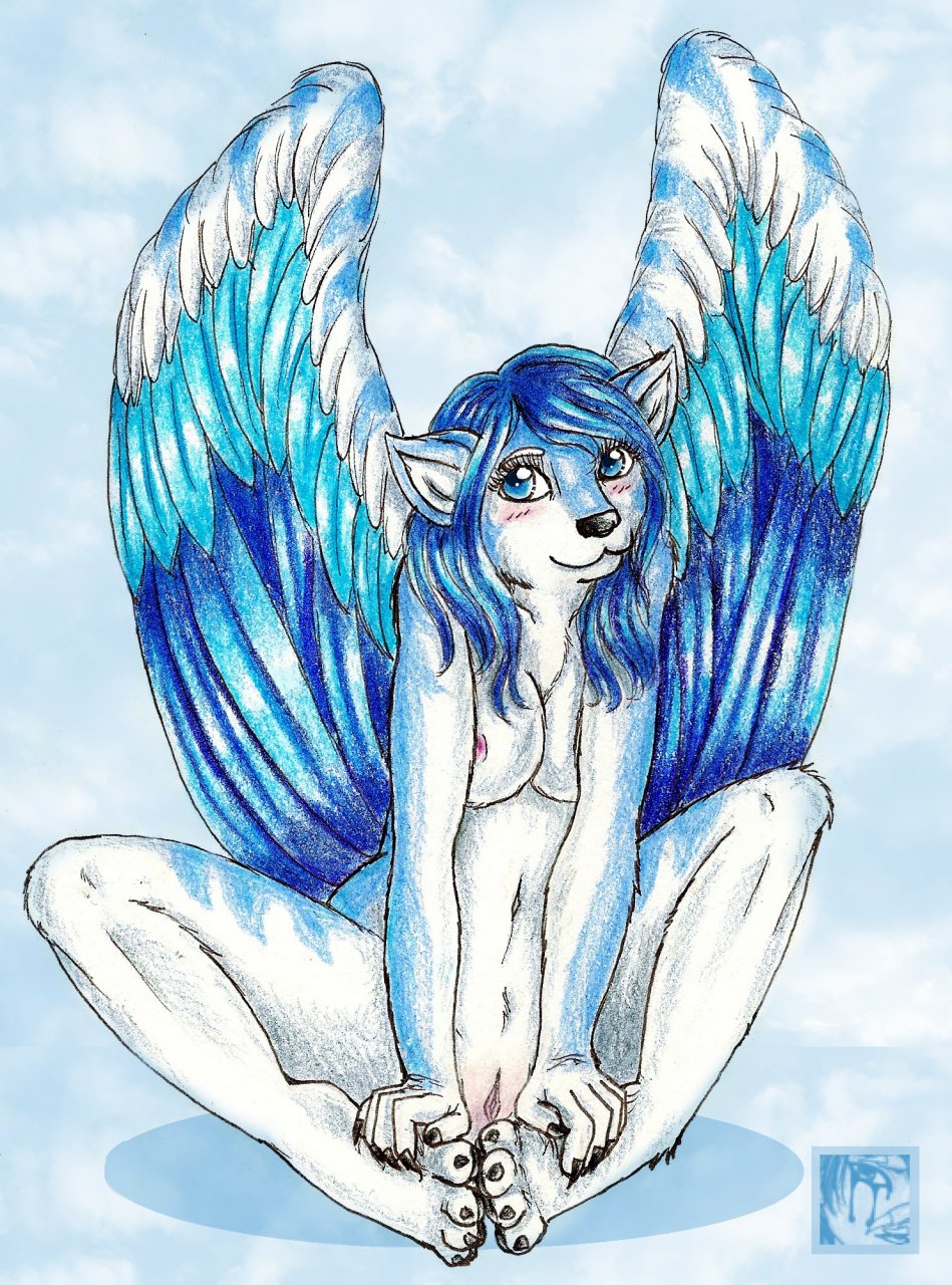 blue_eyes blue_hair blueroses breasts canine cute female hair nude pussy sitting solo tala_(suntattoowolf) wings wolf