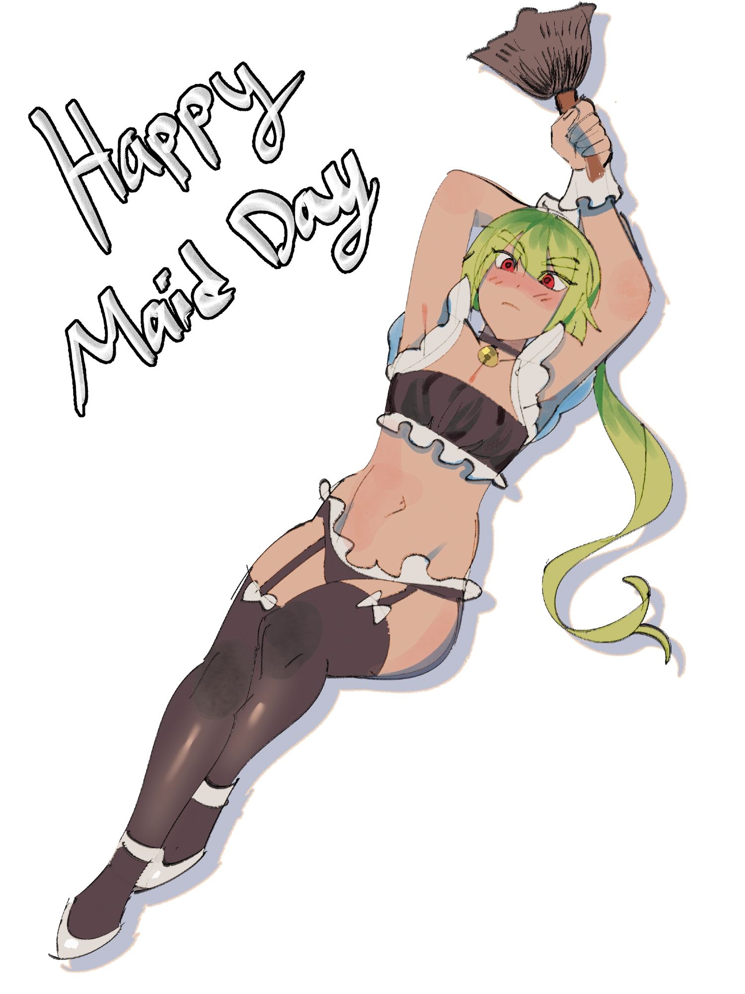 1boy, 1femboy, 2026, bell collar, belly, blush, blushing, clothed, clothing, collar, digital media (artwork), duster, femboy, femboy only, garter straps, green hair, high heels, holding duster, holding object, laying down, laying on back, long hair, lyssahh, maid, maid day, maid outfit, maid uniform, male, male only, no visible genitalia, original, original character, pomme (lyssahh), red eyes, revealing clothes, solo, solo femboy, solo male, stockings, text, tights, white background