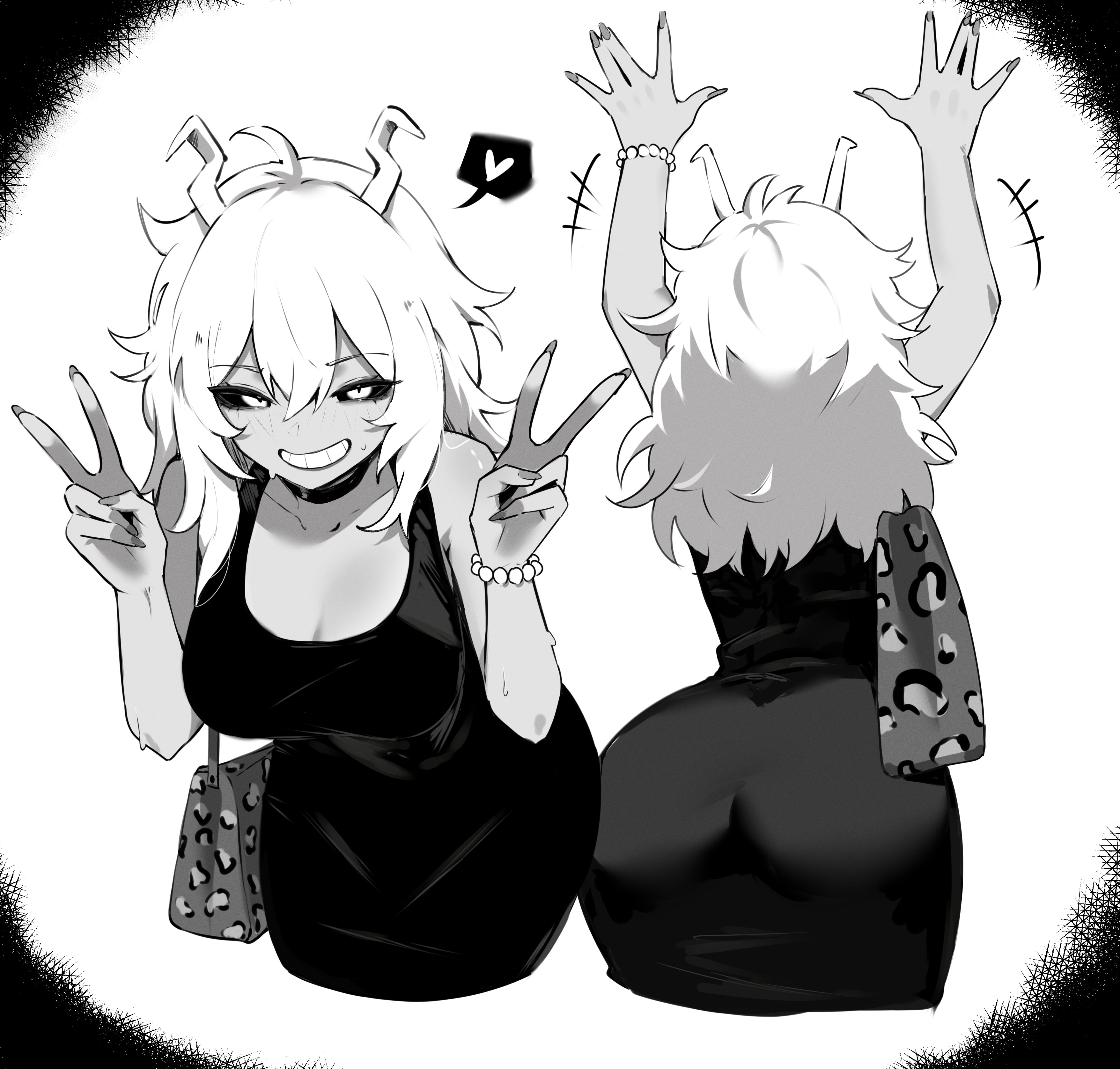 1girl, absurdres, adult mina, arms up, ashido mina, ashido mina time-skip, ass, bag, black sclera, boku no hero academia, bracelet, breasts, channyy19, cleavage, collarbone, colored sclera, commentary, cropped legs, crossed bangs, double v, double-parted bangs, dress, english commentary, greyscale, hair between eyes, handbag, heart, highres, horns, jewelry, large breasts, long hair, looking at viewer, mina ashido, mina ashido time-skip, monochrome, multiple views, my hero academia, my hero academia (finale), parted lips, pearl bracelet, post-timeskip, short dress, smile, spoken heart, v