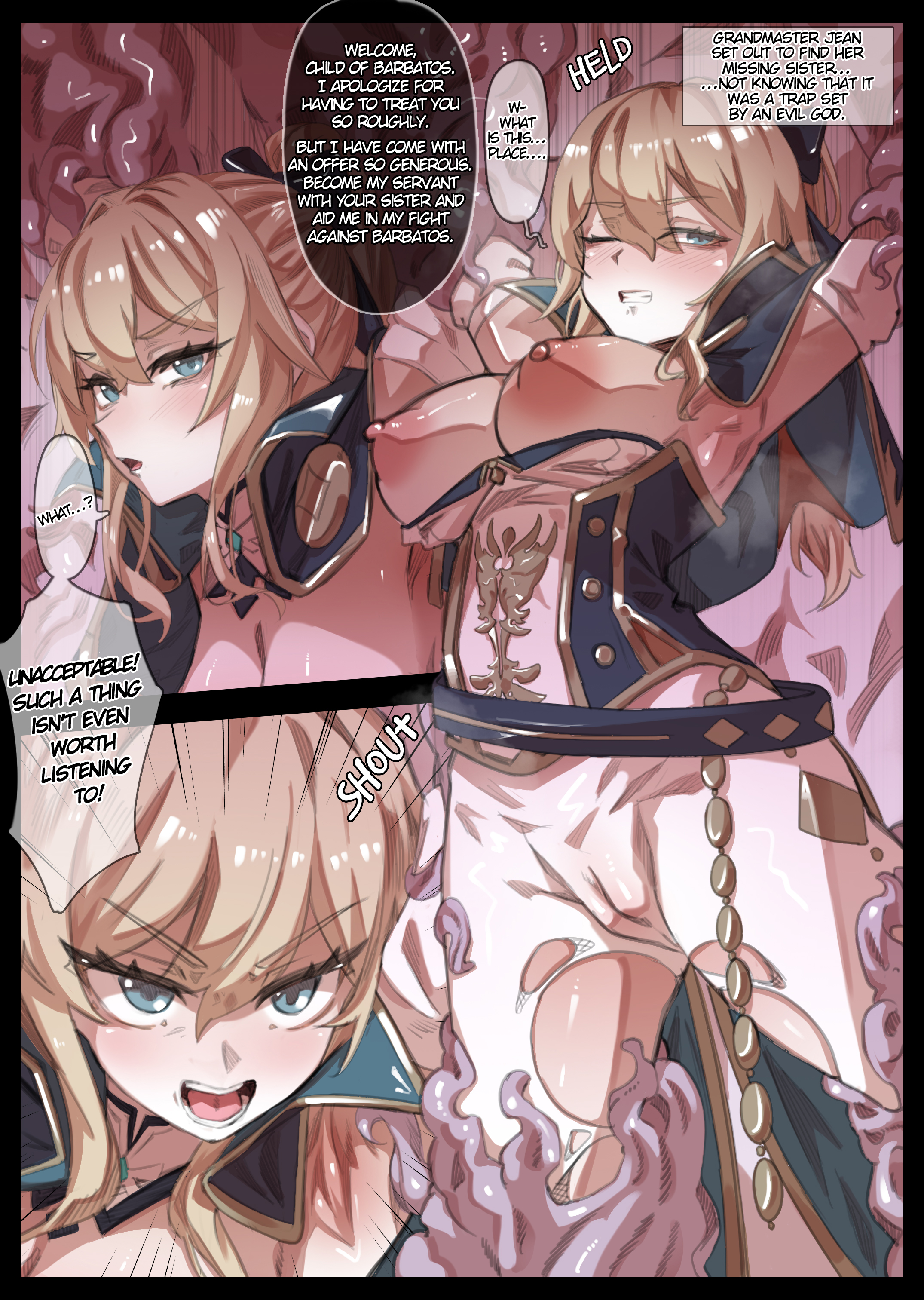 1girl, angry, arms behind back, blonde hair, blue eyes, blush, bondage, bound arms, breasts, comic, defeat, defeat sex, defeated, defeated hero, defeated heroine, detached sleeves, english, english commentary, english dialogue, english language, english subtitles, english text, english translation, explicit, exposed nipples, flesh wall, genshin impact, jean (genshin impact), jean gunnhildr, jean outfit (genshin impact), manga panel, mind break, mind broken, mind control, mindbreak, miwerjooggetser, multiple views, nipples, ponytail, rape, restrained, sex, shout (sound effect), shouting, slime, solo, speech bubble, sweat, tentacle bondage, tentacles, text, torn clothes
