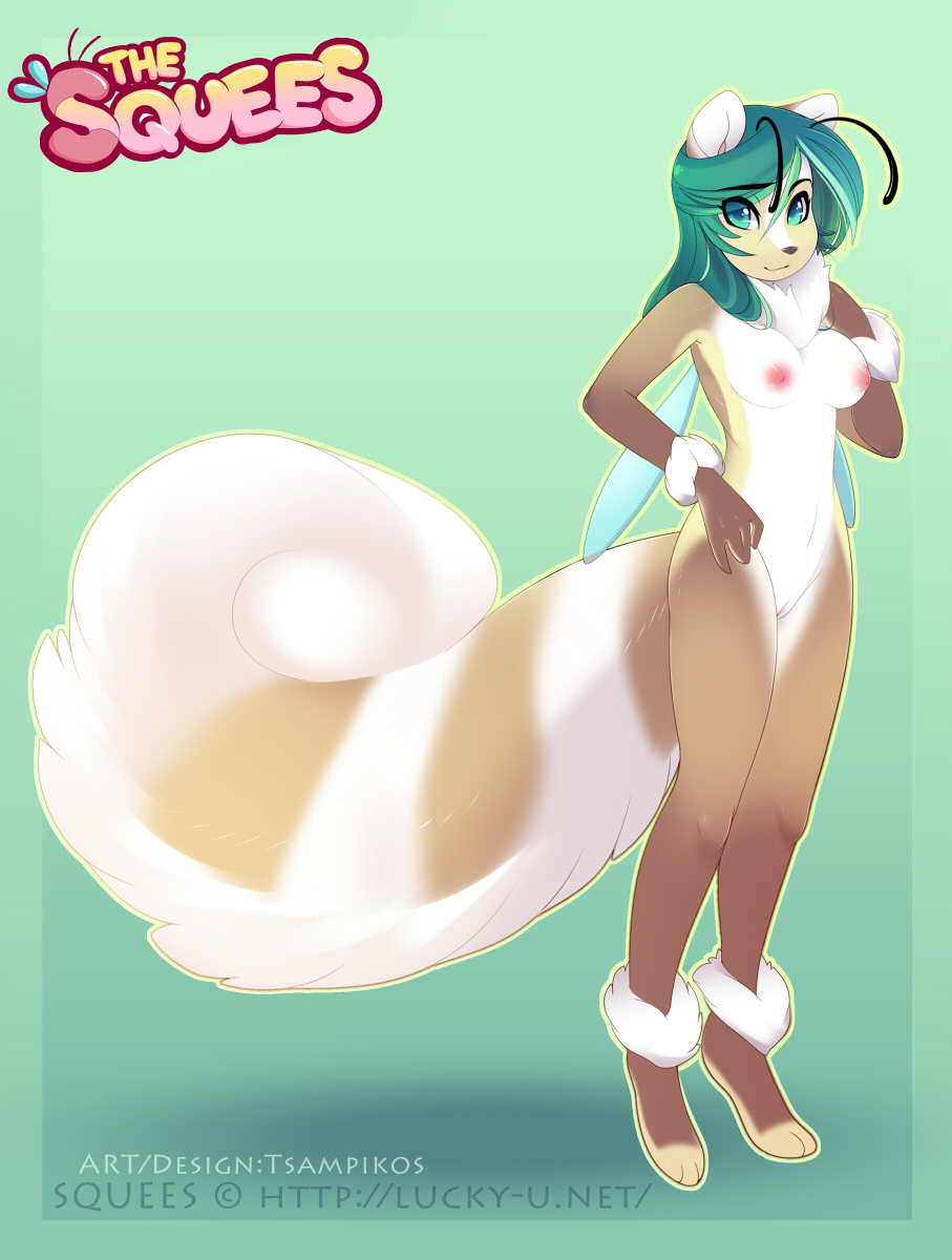 antennae bee breasts cute female green_hair hair hybrid looking_at_viewer nude pussy rodent solo squee squirrel tsampikos wings