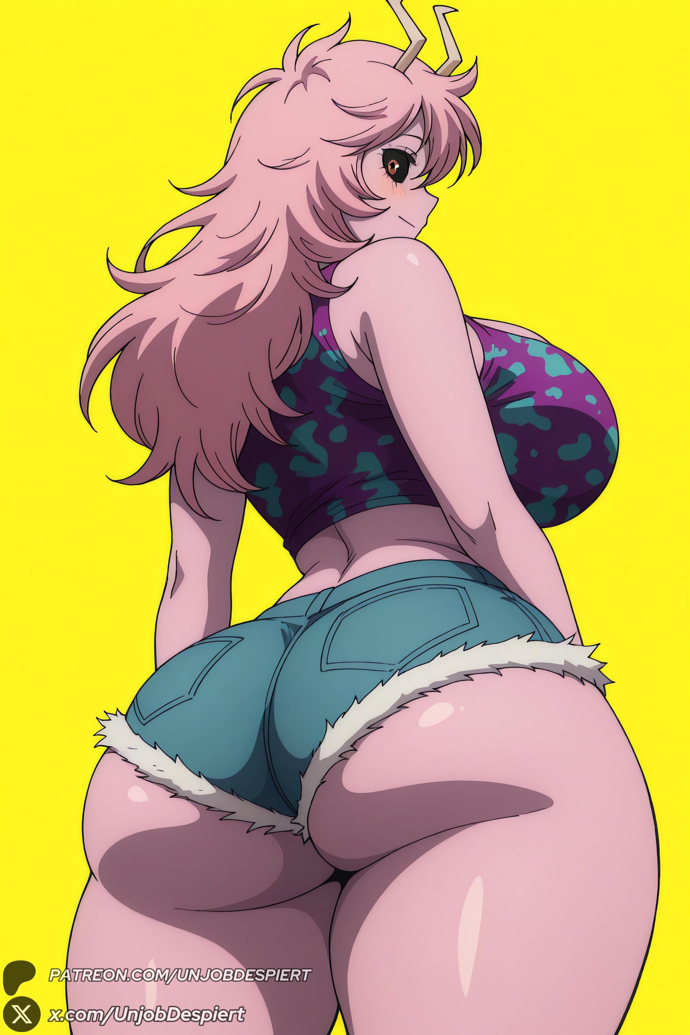 1female, 1girl, 1girls, 2026, ai generated, alternate hair length, artist name, ashido mina, ass, ass focus, bare shoulders, big ass, big breasts, black sclera, blush, boku no hero academia, breasts, colored sclera, colored skin, crop top, curvy, denim, denim shorts, female, female only, from behind, hi res, high quality, high resolution, highres, horns, huge ass, huge breasts, large breasts, long hair, looking at viewer, looking back, messy hair, mina ashido, my hero academia, patreon, patreon username, pink hair, pink skin, shiny, shiny skin, short shorts, shorts, simple background, smile, solo, tank top, thick thighs, thighs, unjobdespiert, watermark, wide hips, yellow background, yellow eyes
