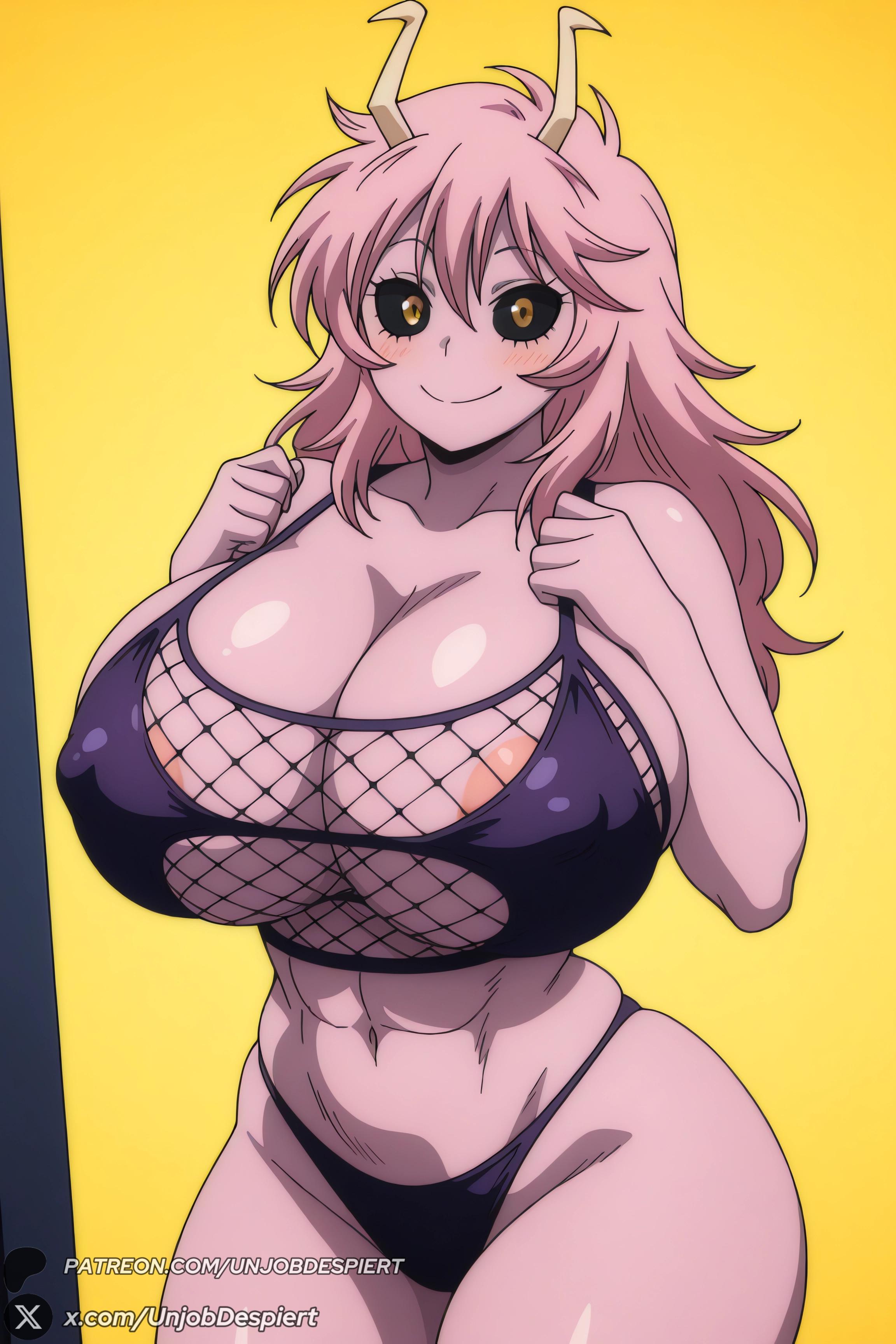 1female, 1girl, 1girls, 2026, abs, ai generated, alternate breast size, areola slip, artist name, ashido mina, big ass, big breasts, black sclera, blush, boku no hero academia, breasts, cleavage, colored sclera, colored skin, covered nipples, cowboy shot, curvy, female, female only, fishnets, hi res, high quality, high resolution, highres, horns, huge ass, huge breasts, long hair, looking at viewer, mina ashido, my hero academia, navel, panties, patreon, patreon username, pink hair, pink skin, smile, solo, thick thighs, thighs, underwear, unjobdespiert, watermark, web address, yellow background, yellow eyes