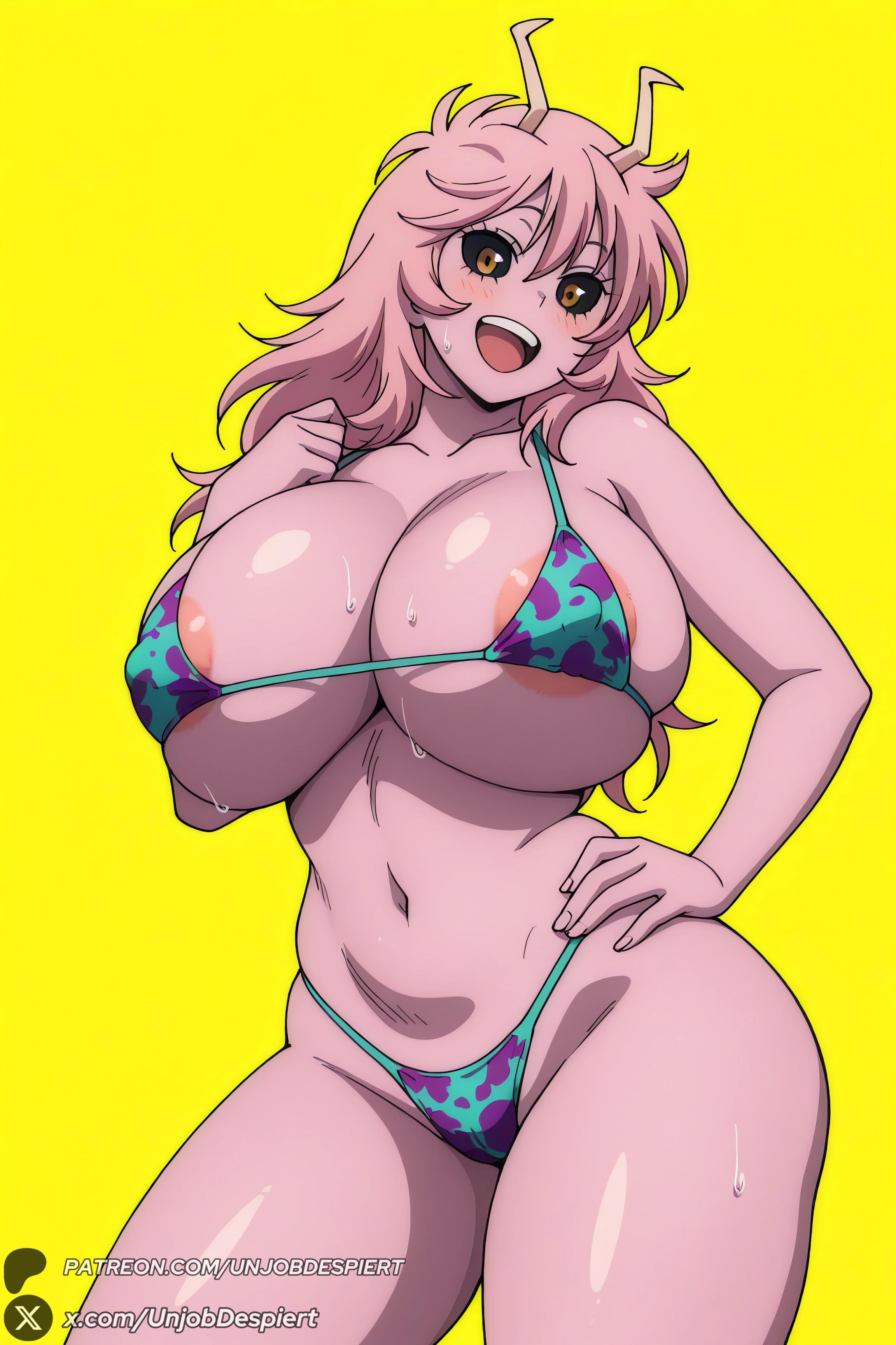 :d, 1female, 1girl, 1girls, 2026, aged up, ai generated, alternate breast size, areola slip, artist name, ashido mina, big ass, big breasts, bikini, black sclera, blush, boku no hero academia, breasts, cleavage, colored sclera, colored skin, curvy, female, female only, hand on hip, hi res, high quality, high resolution, highres, horns, huge ass, huge breasts, long hair, looking at viewer, micro bikini, mina ashido, my hero academia, navel, open mouth, patreon, patreon username, pink hair, pink skin, simple background, skindentation, smile, solo, sweat, swimsuit, teeth, thick thighs, thighs, unjobdespiert, watermark, yellow background, yellow eyes