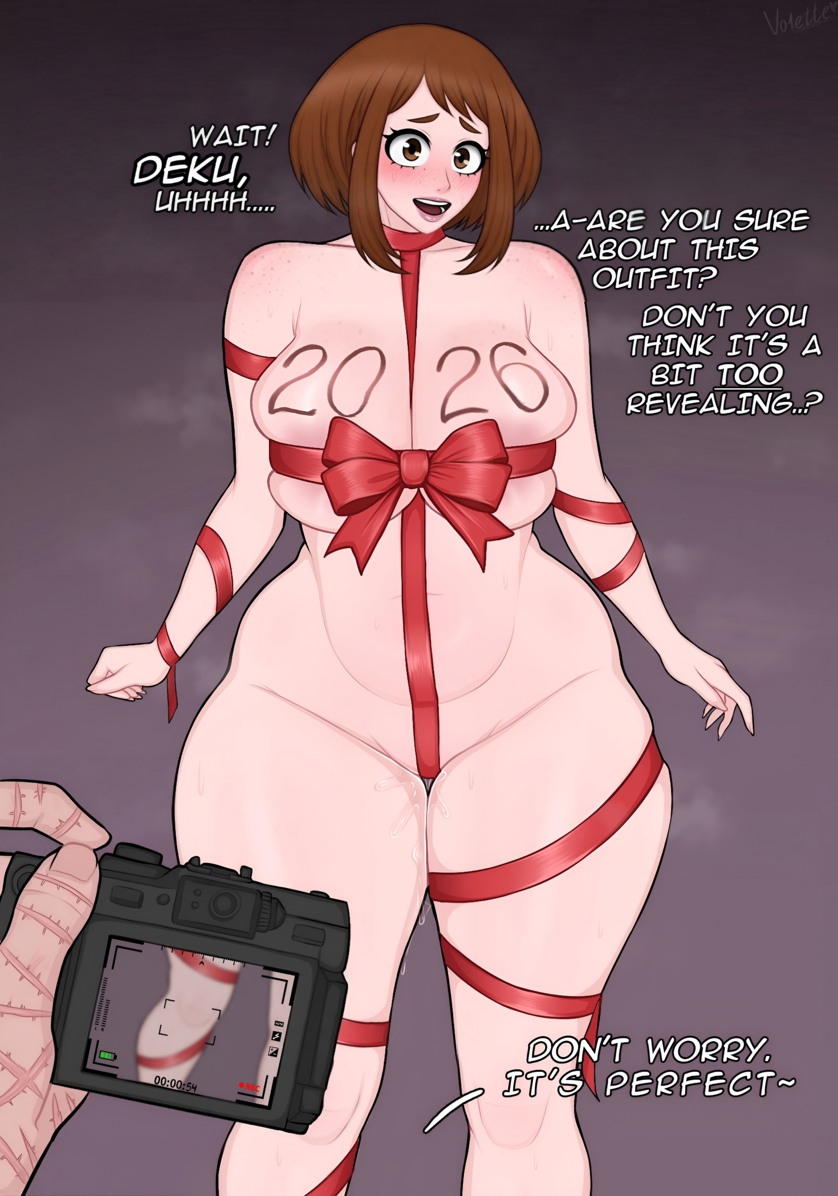 blush, boku no hero academia, breasts, brown eyes, brown hair, english text, female, izuku midoriya, looking at viewer, my hero academia, nude, nude female, ochako uraraka, open mouth, pussy juice