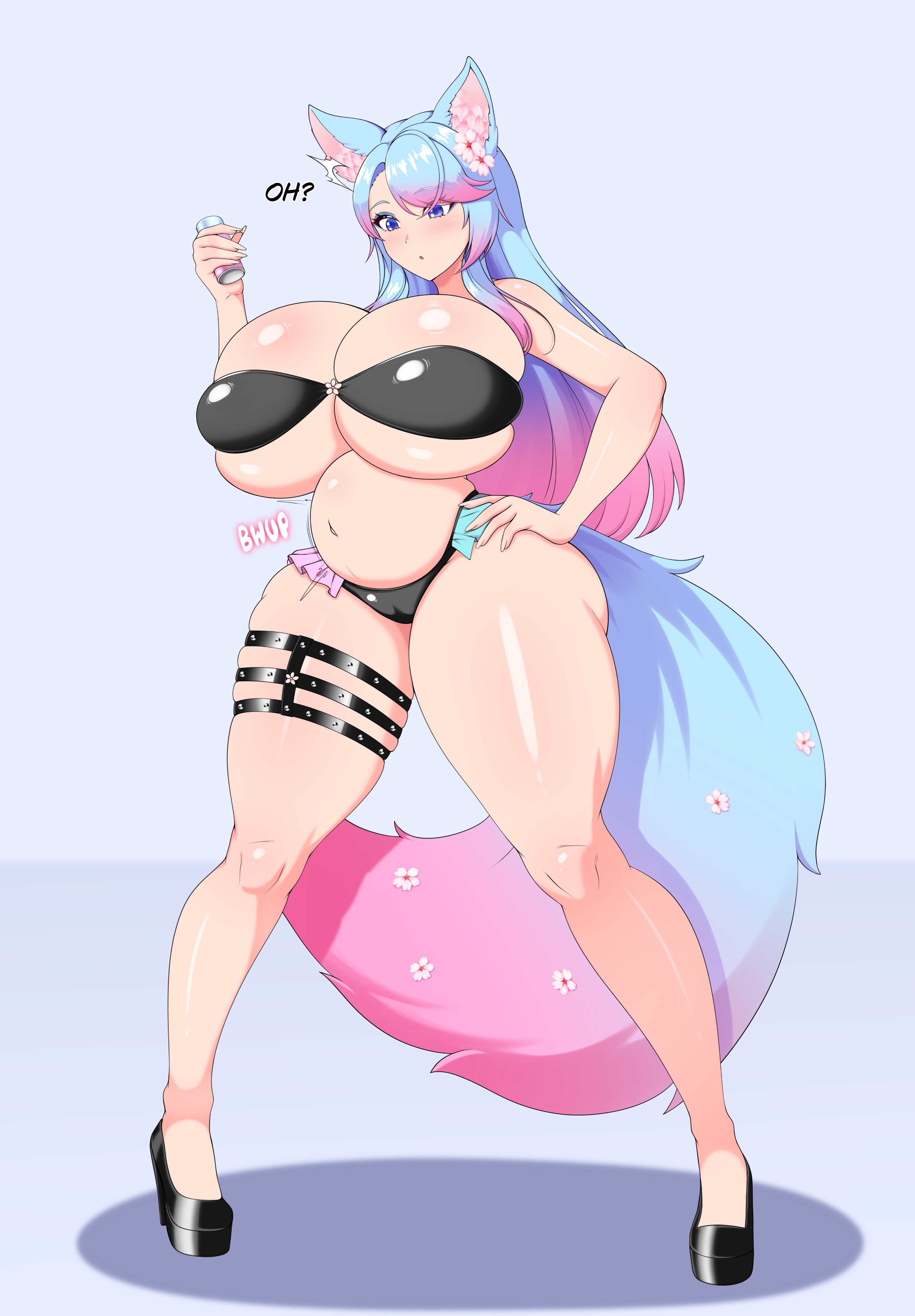 1girls, animal ears, big breasts, bikini, blue eyes, blue hair, blush, blush lines, breast expansion, breasts bigger than head, english text, female, female focus, female only, flower in hair, flower ornament, full body, hand on hip, high heels, huge breasts, kemonomimi, large breasts, light skin, light-skinned female, onomatopoeia, pink hair, pregnancy, pregnancy expansion, pregnant, pregnant female, silvervale, simple background, solo, solo female, solo focus, standing, tail, talking to viewer, text, thick thighs, thigh strap, thighs, timaeus, two-tone hair, underboob, virtual youtuber, wolf ears, wolf girl, wolf tail