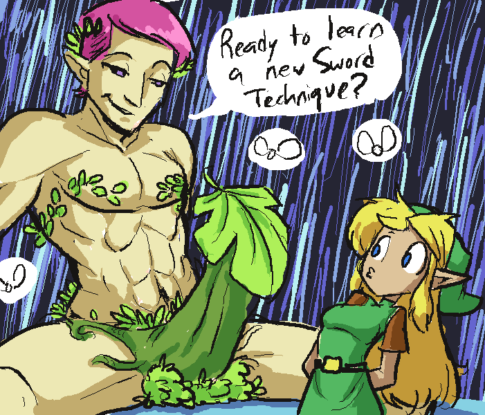 1boy 1girls :3 abs arms_behind_back blonde_hair fairy female gay giant great_fairy great_fairy_(ocarina_of_time) hat ics leaf link link_(ocarina_of_time) long_hair ocarina_of_time phallic_symbol pink_hair pointy_ears purple_eyes rule_63 sexually_suggestive the_legend_of_zelda wreath