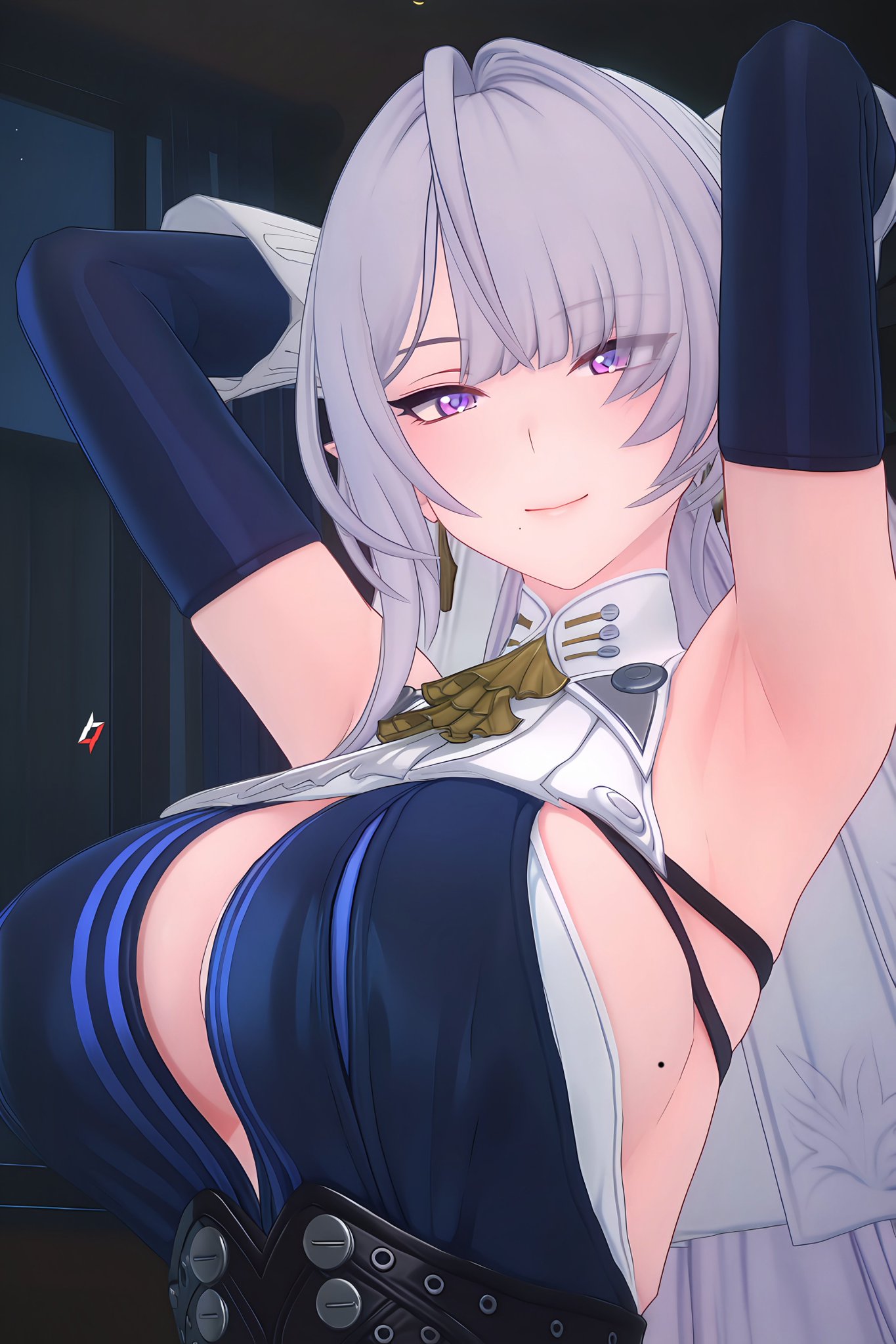 1girls, armpit focus, armpits, arms behind head, beauty mark, beauty mark on breasts, breasts, cleavage, detached sleeves, female, female only, large breasts, long hair, milf, pale skin, pale-skinned female, purple eyes, sideboob, silver hair, velina airgid, zenless zone zero