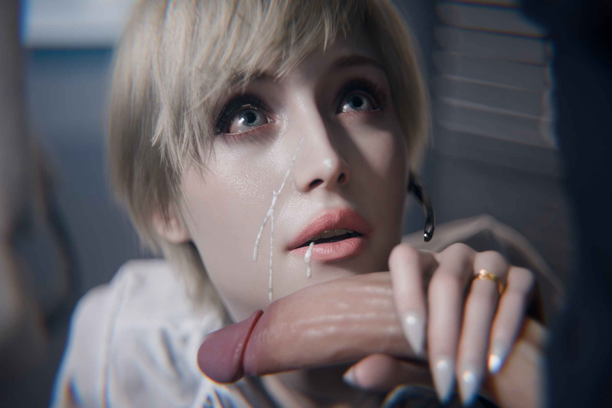 1boy, 1female, 1girl, 1girls, 1male, 3d, 3d (artwork), after fellatio, after oral, blender, blender (software), blender cycles, blonde, blonde female, blonde hair, blonde hair female, blue eyes, capcom, cock, cum, cum on face, female, female focus, leon scott kennedy, lips, looking at partner, looking up, male, male/female, medium hair, nothzard, penis, resident evil, resident evil 9: requiem, semen, semen on face, sherry birkin, vein, veins, veiny, veiny penis