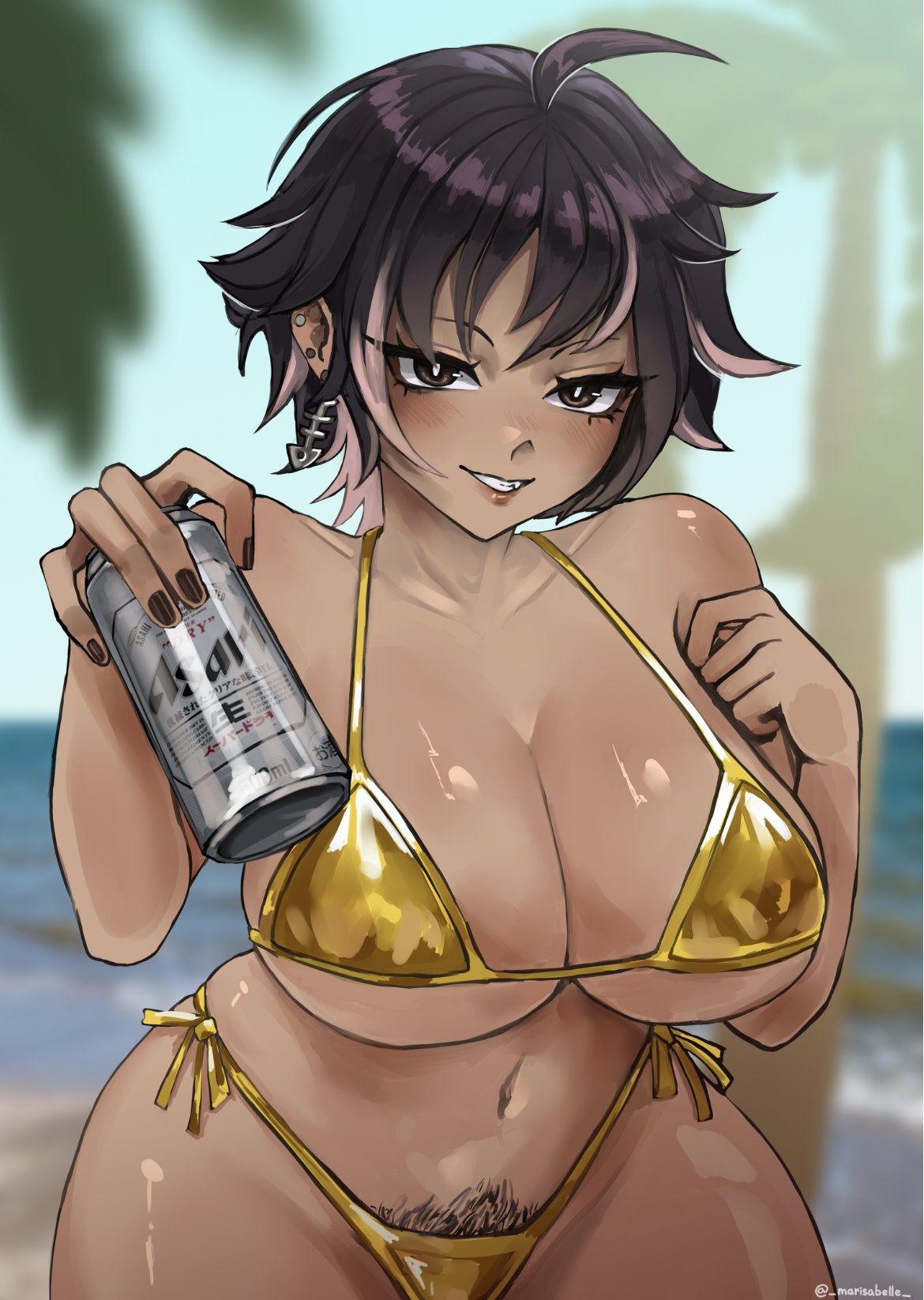 beer, beer can, bikini, black eyes, black hair, bon (vtuber), breasts, gold bikini, indie virtual youtuber, large breasts, marisabelle, pubic hair, short hair, thick, thick thighs, tomboy, virtual youtuber, yoidere