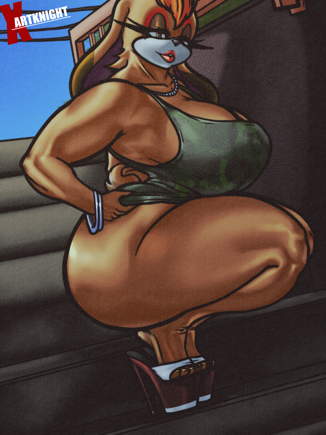 1girls, adjusting clothes, animal ears, animal tail, armwear, big breasts, bracelet, breasts, bunny ears, bunny girl, bunny tail, cleavage, dress, female, female only, footwear, green dress, half-closed eyes, heels, high heels, huge breasts, lagomorph, lips, mature, mature female, mature woman, milf, mother, parted lips, platform heels, sega, solo, solo female, sonic (series), sonic the hedgehog (series), squatting, tail, thick thighs, thighs, vanilla the rabbit, xartknight, yellow eyes