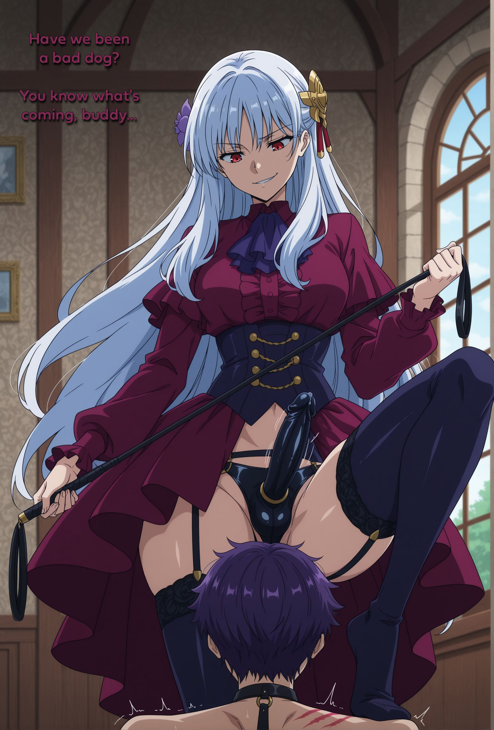 ai generated, bdsm, breasts, dildo, dominant female, domination, duo, elkazama yumi, fate (series), fate/grand order, female, femdom, ishtar (fate), male, pegging, sadism, slave boy, strap-on, submissive male, whip