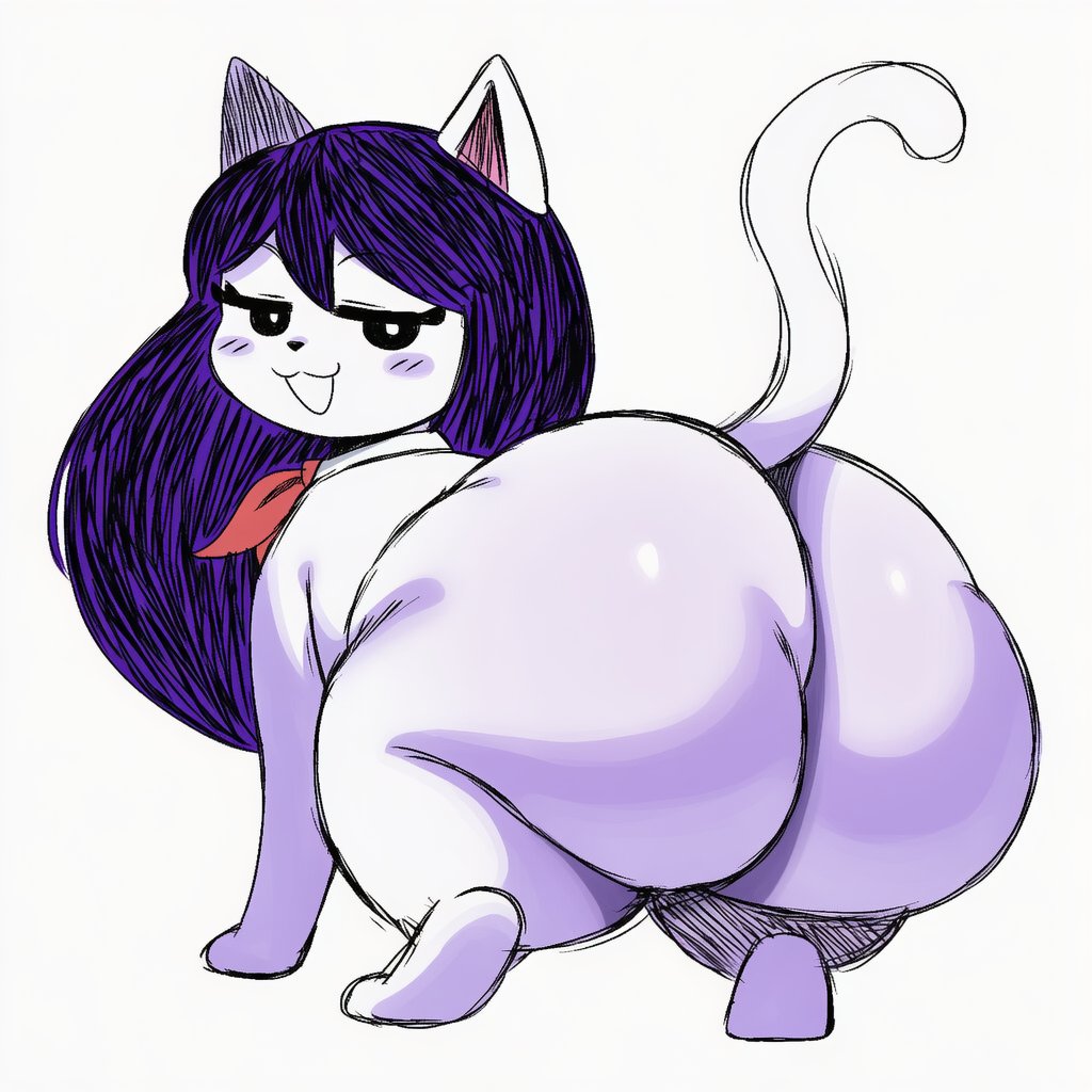 :3, :3d, :d, a cat is fine too, ai generated, all fours, ass, blush, blush lines, blushing, cat, cat ears, cat tail, fat ass, feline, feral, hankerchief, large ass, long hair, looking at viewer, looking back, mari (headspace) (omori), mari (omori), mari cat, omori, purple hair, shiny skin, smug, smug face, thick thighs, thighs
