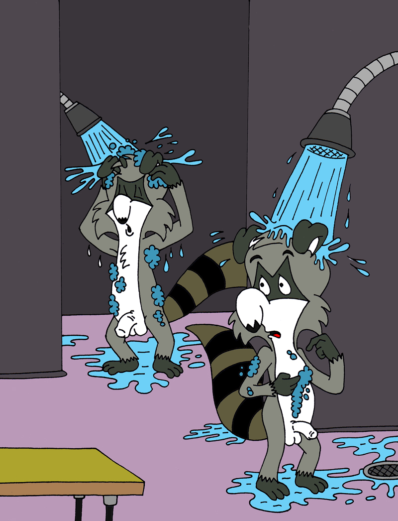 anthro bentley_raccoon bert_raccoon kooshmeister male male_only shower tagme the_raccoons