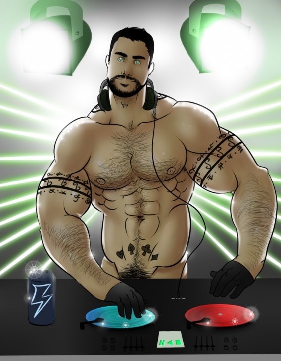 1boy abs arm_hair bara bottomless chest_hair dj hairy_male male male_focus male_only male_pubic_hair muscle muscles muscular muscular_male pubic_hair smile solo tagme tattoo topless turntable